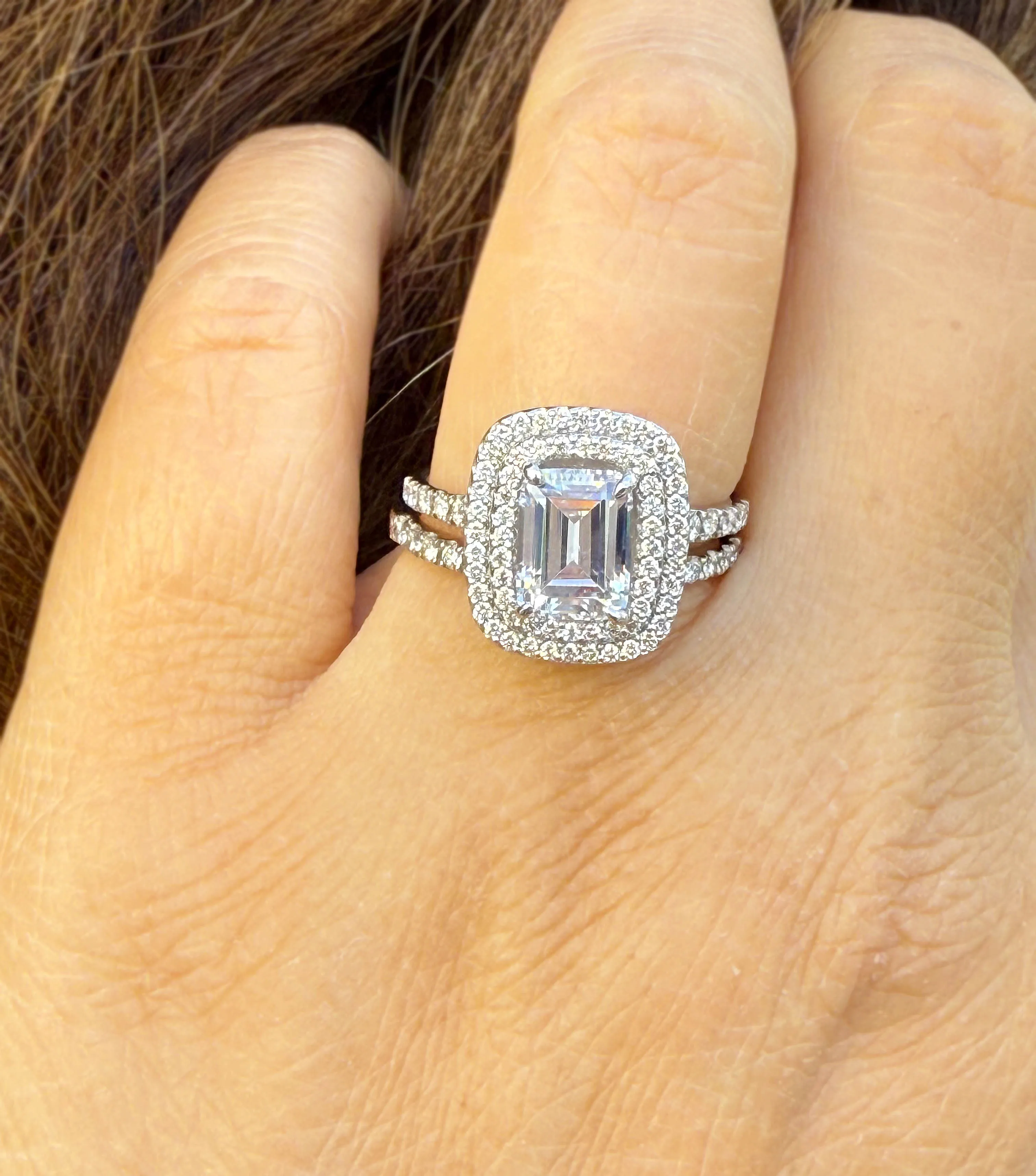 Emerald Cut Moissanite And Round Cut Sides Engagement Ring And Matching Band Double Halo Set In 14k Solid White Gold Wedding Ring 2.75ctw