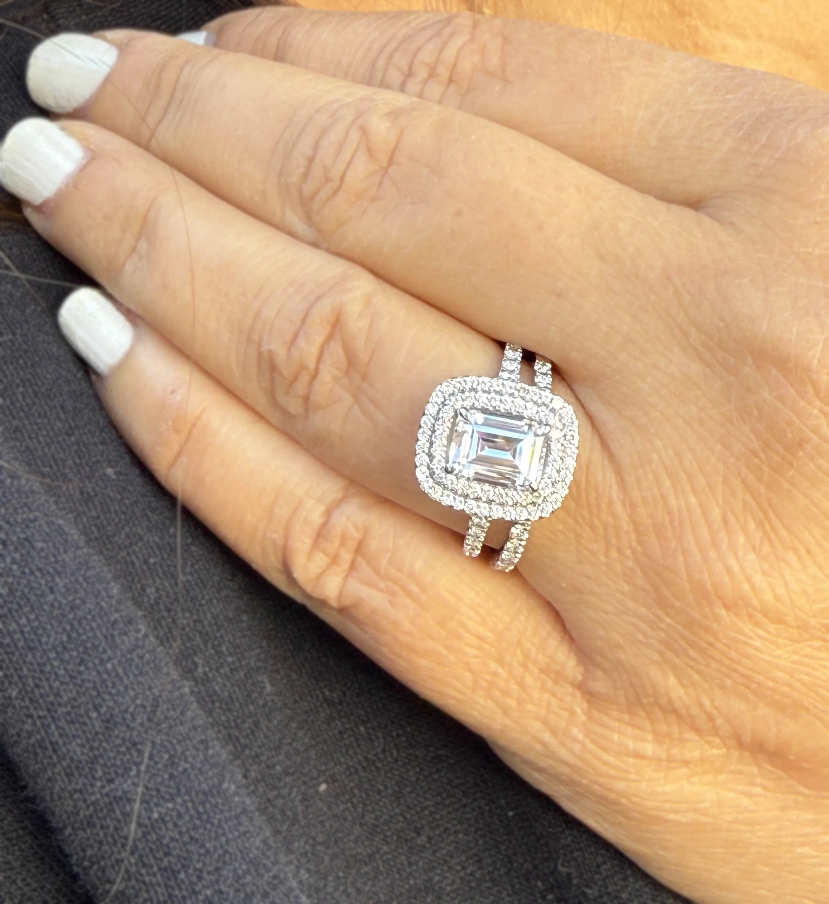 Emerald Cut Moissanite And Round Cut Sides Engagement Ring And Matching Band Double Halo Set In 14k Solid White Gold Wedding Ring 2.75ctw