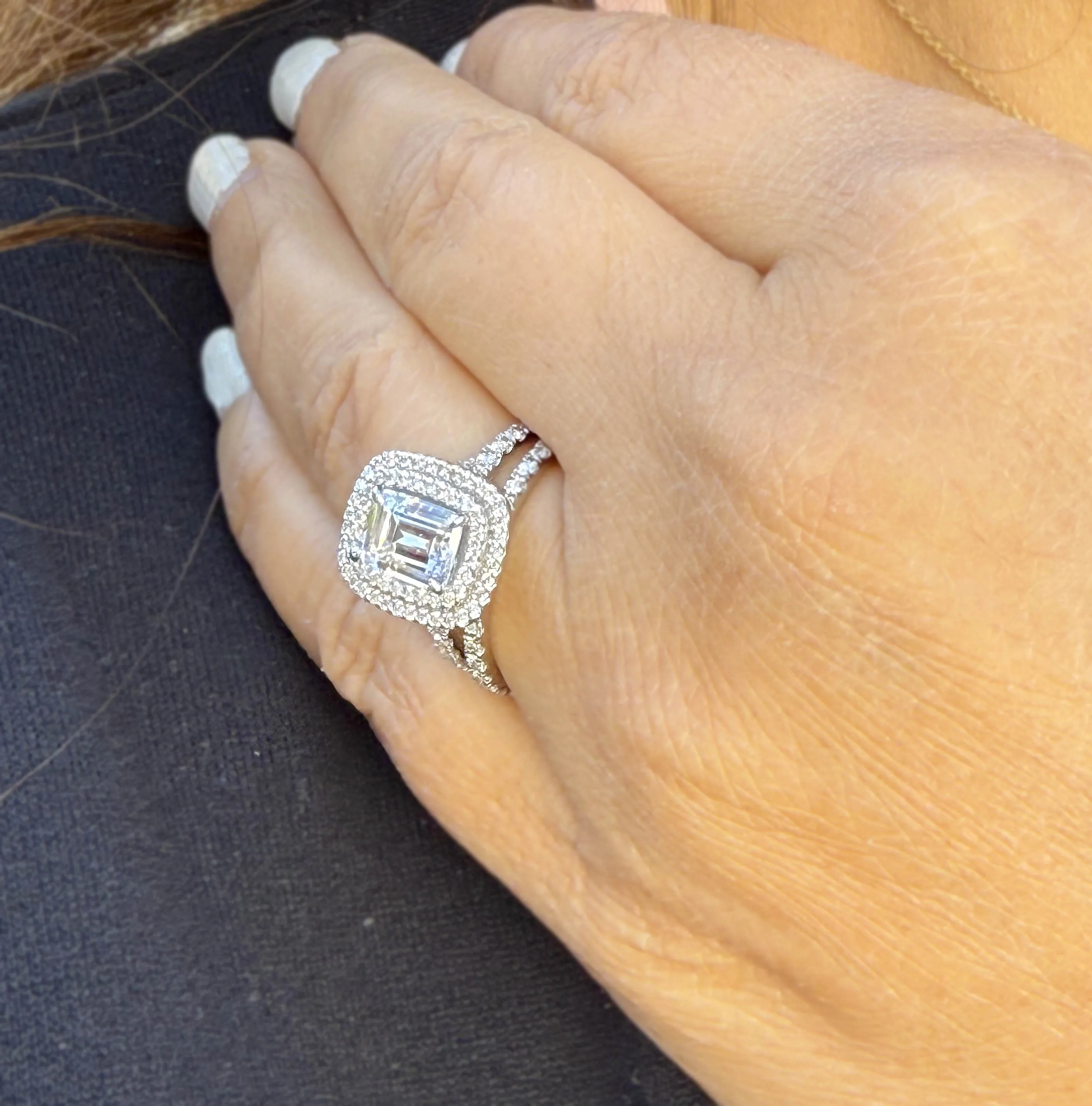 Emerald Cut Moissanite And Round Cut Sides Engagement Ring And Matching Band Double Halo Set In 14k Solid White Gold Wedding Ring 2.75ctw