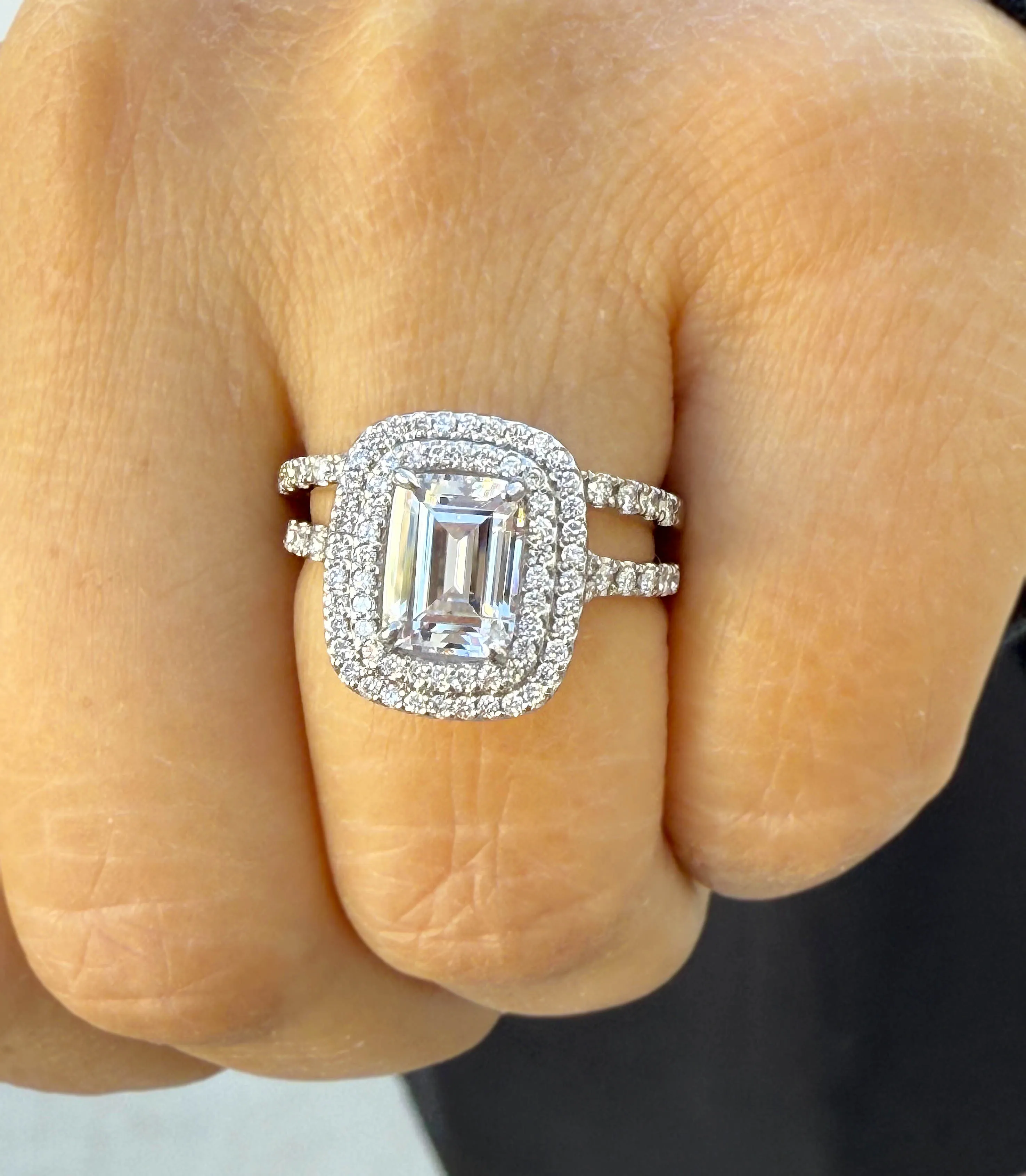 Emerald Cut Moissanite And Round Cut Sides Engagement Ring And Matching Band Double Halo Set In 14k Solid White Gold Wedding Ring 2.75ctw