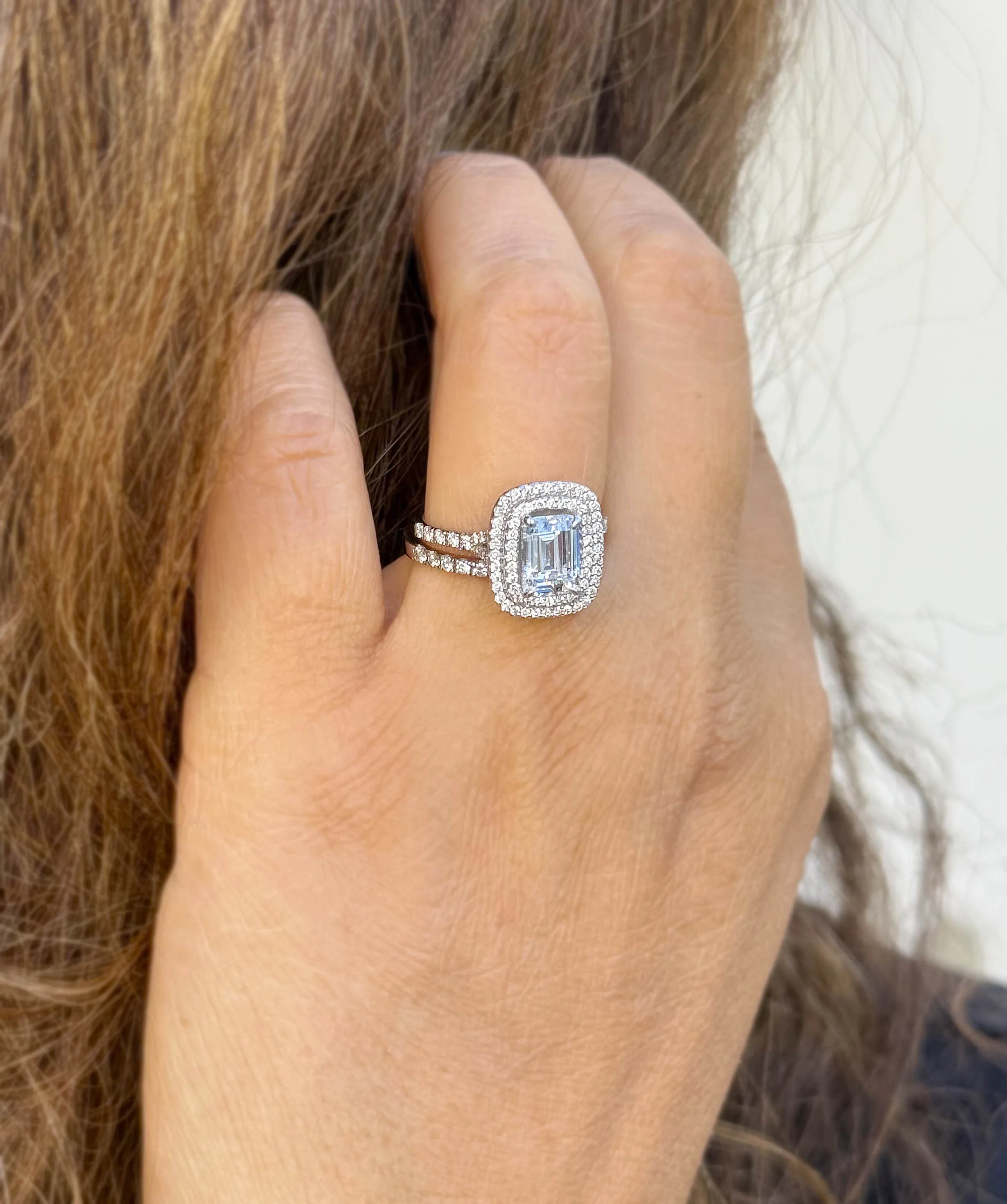 Emerald Cut Moissanite And Round Cut Sides Engagement Ring And Matching Band Double Halo Set In 14k Solid White Gold Wedding Ring 2.75ctw