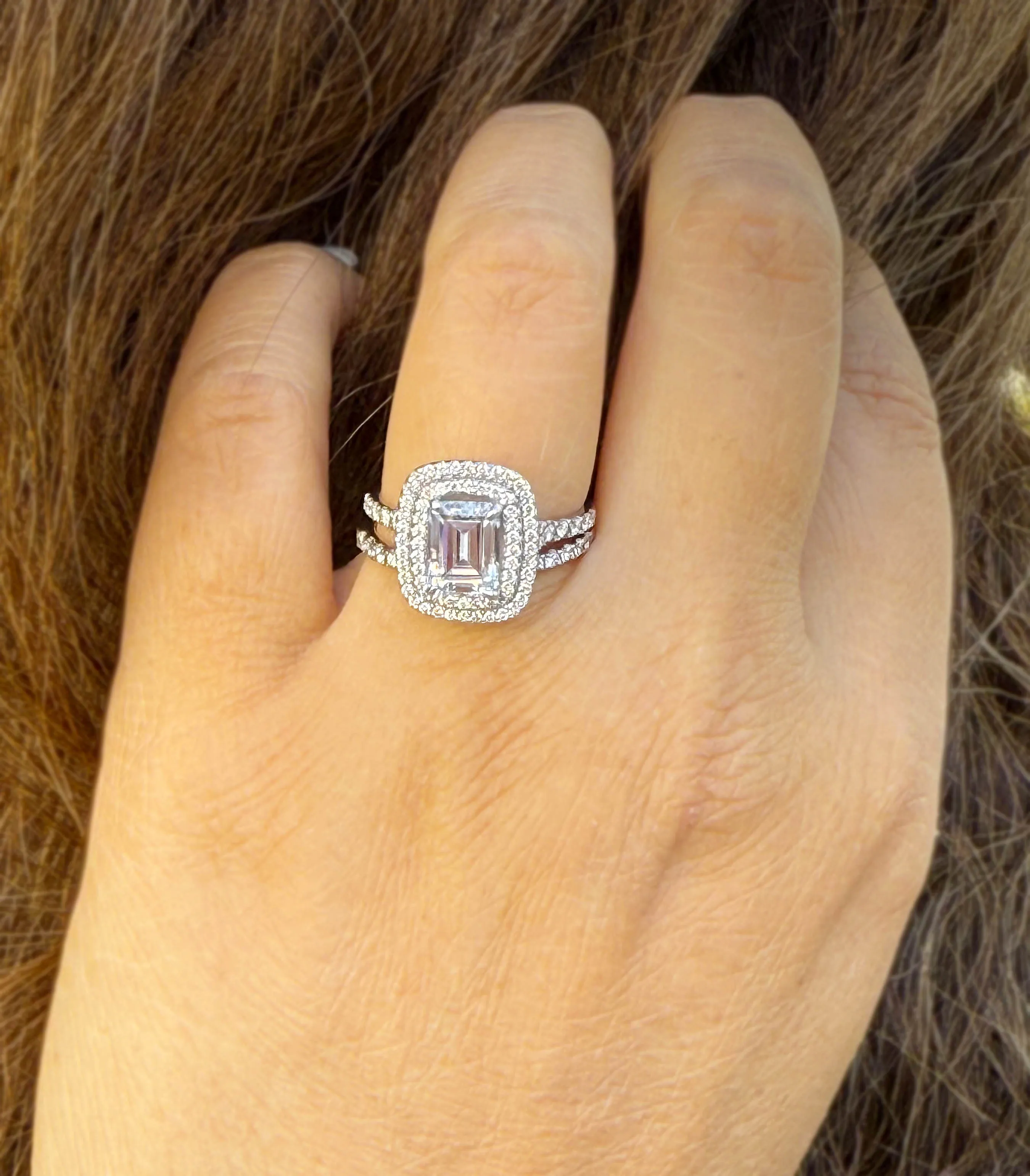 Emerald Cut Moissanite And Round Cut Sides Engagement Ring And Matching Band Double Halo Set In 14k Solid White Gold Wedding Ring 2.75ctw