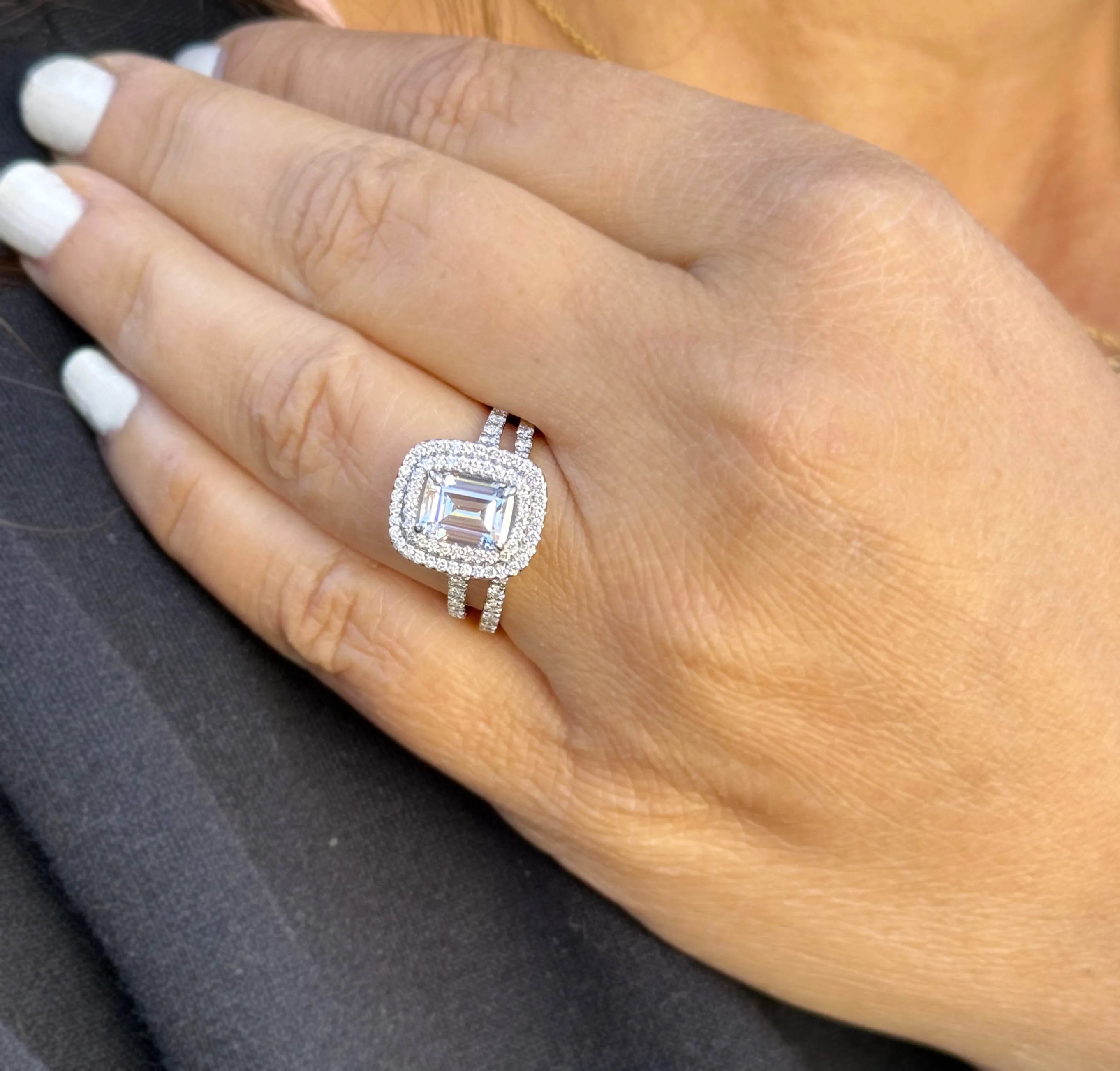 Emerald Cut Moissanite And Round Cut Sides Engagement Ring And Matching Band Double Halo Set In 14k Solid White Gold Wedding Ring 2.75ctw