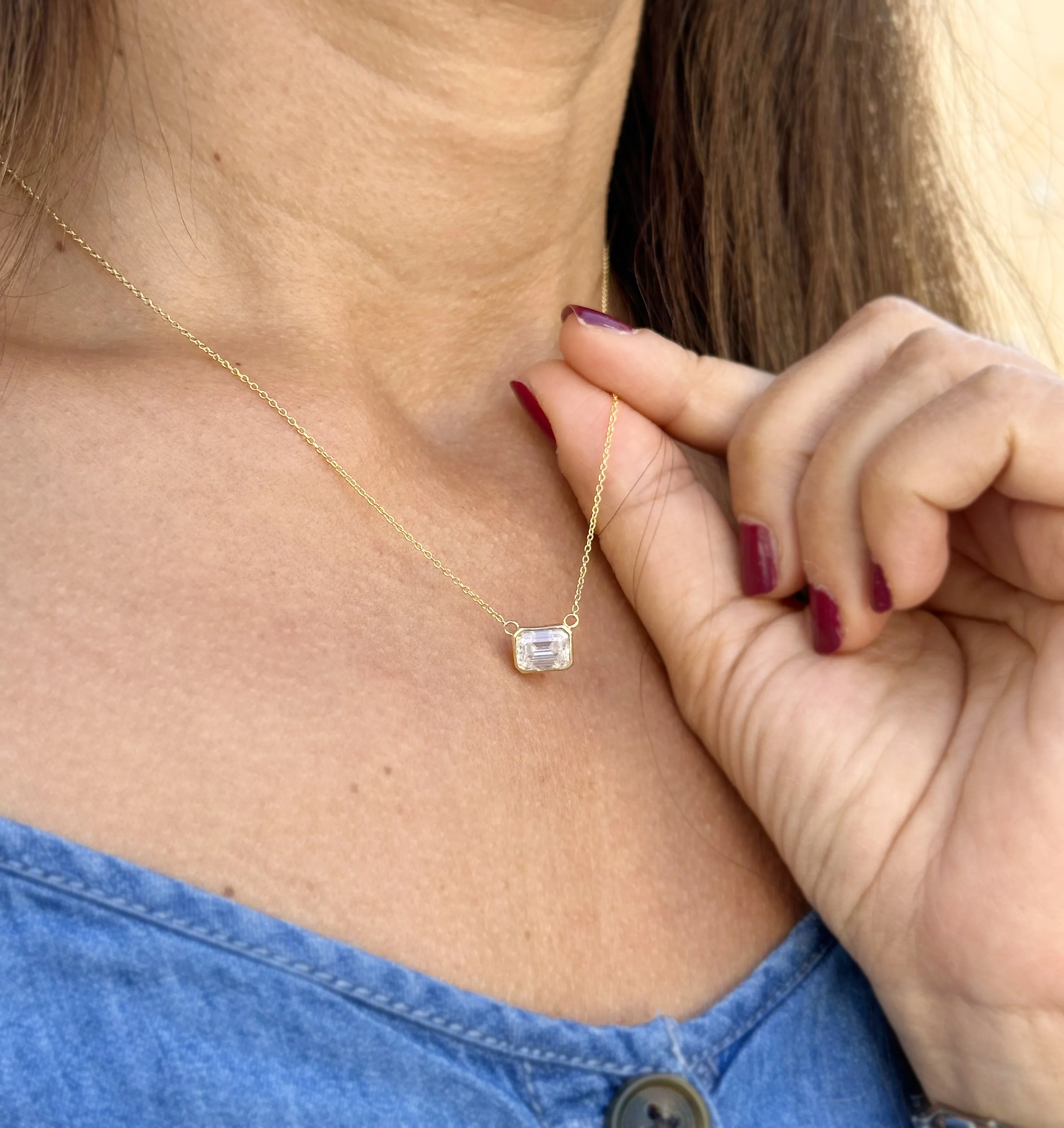 Emerald Cut Moissanite Bezel Set Solitaire Necklace And Chain In 14k Solid Yellow Gold Pendant Bridal Gift Wedding Anniversary Gift 2.00ct