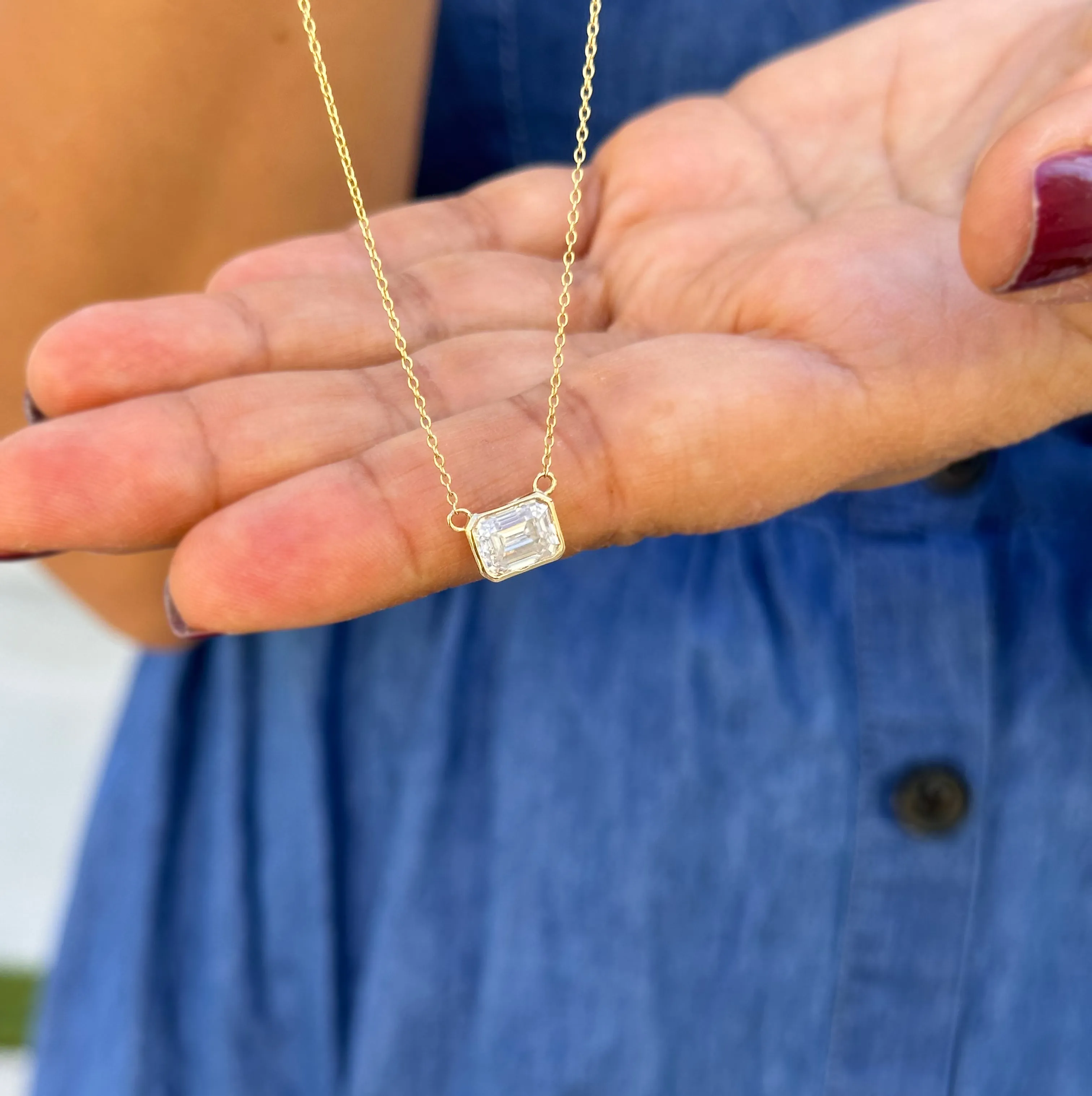 Emerald Cut Moissanite Bezel Set Solitaire Necklace And Chain In 14k Solid Yellow Gold Pendant Bridal Gift Wedding Anniversary Gift 2.00ct