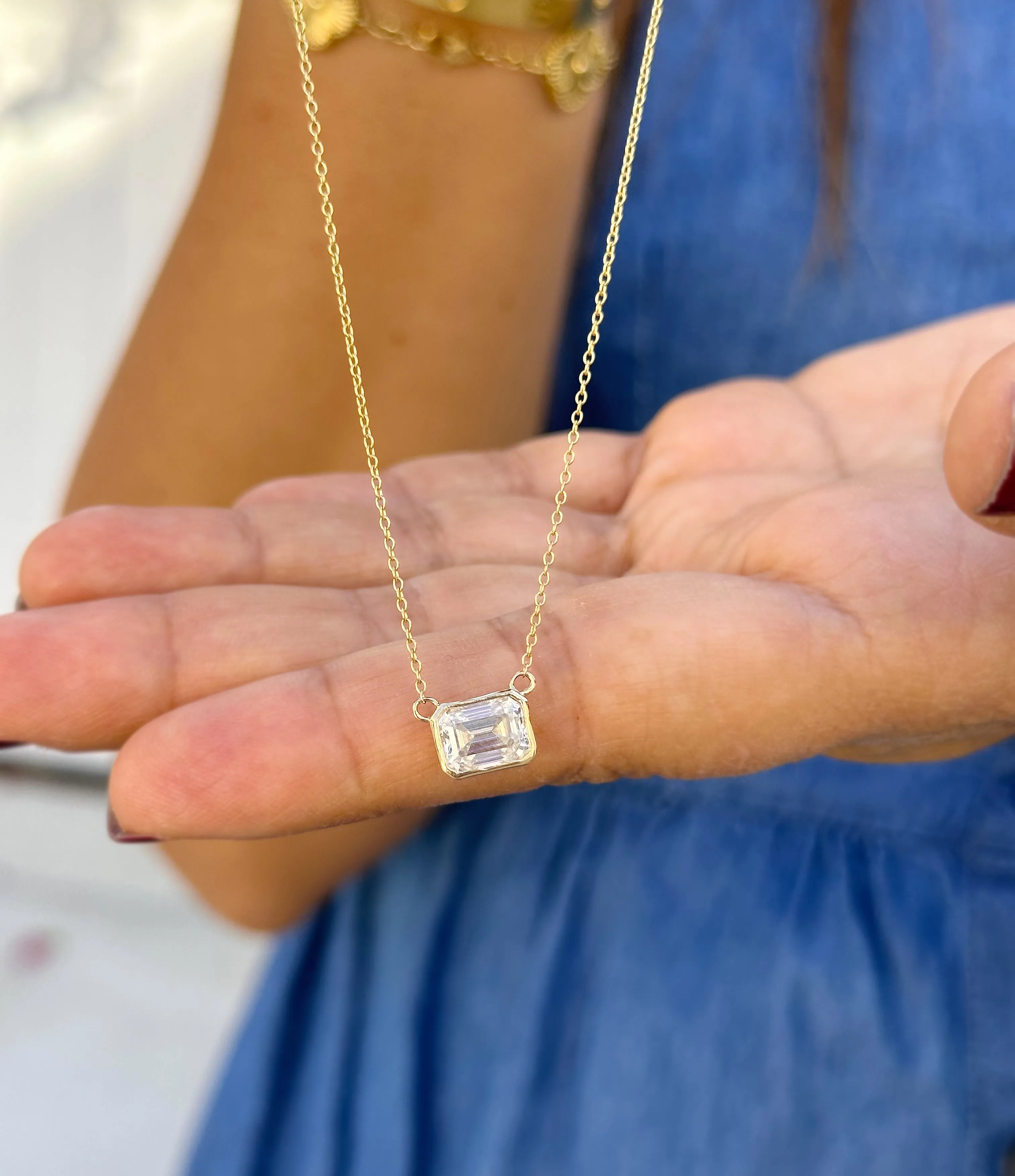 Emerald Cut Moissanite Bezel Set Solitaire Necklace And Chain In 14k Solid Yellow Gold Pendant Bridal Gift Wedding Anniversary Gift 2.00ct