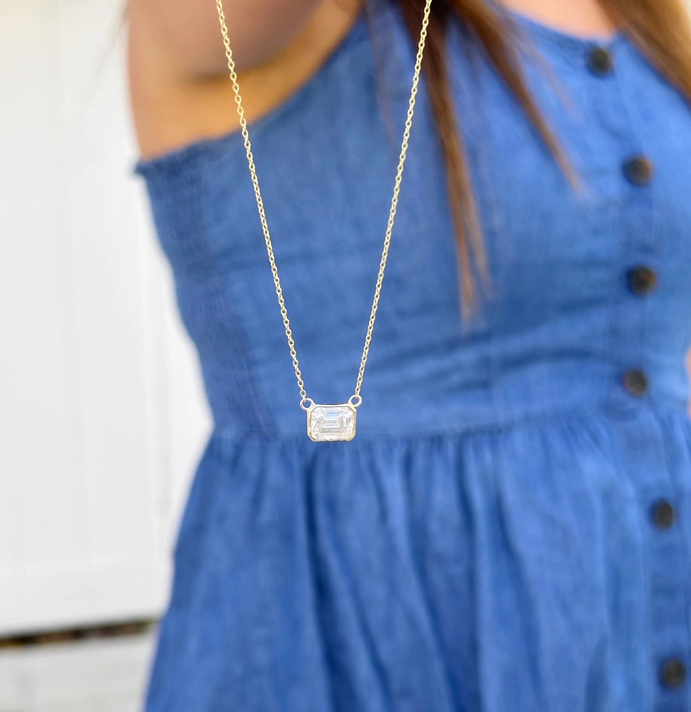 Emerald Cut Moissanite Bezel Set Solitaire Necklace And Chain In 14k Solid Yellow Gold Pendant Bridal Gift Wedding Anniversary Gift 2.00ct