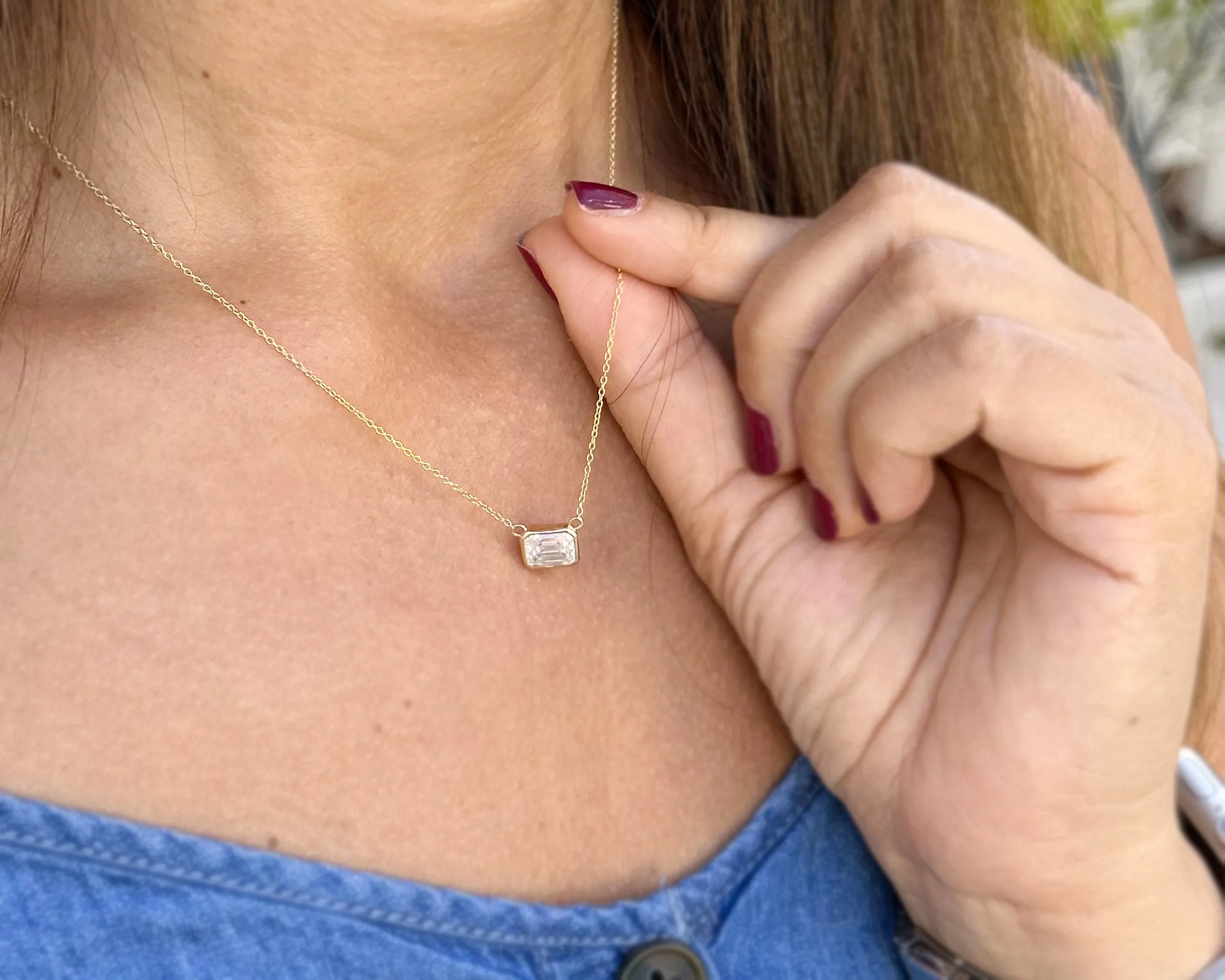 Emerald Cut Moissanite Bezel Set Solitaire Necklace And Chain In 14k Solid Yellow Gold Pendant Bridal Gift Wedding Anniversary Gift 2.00ct