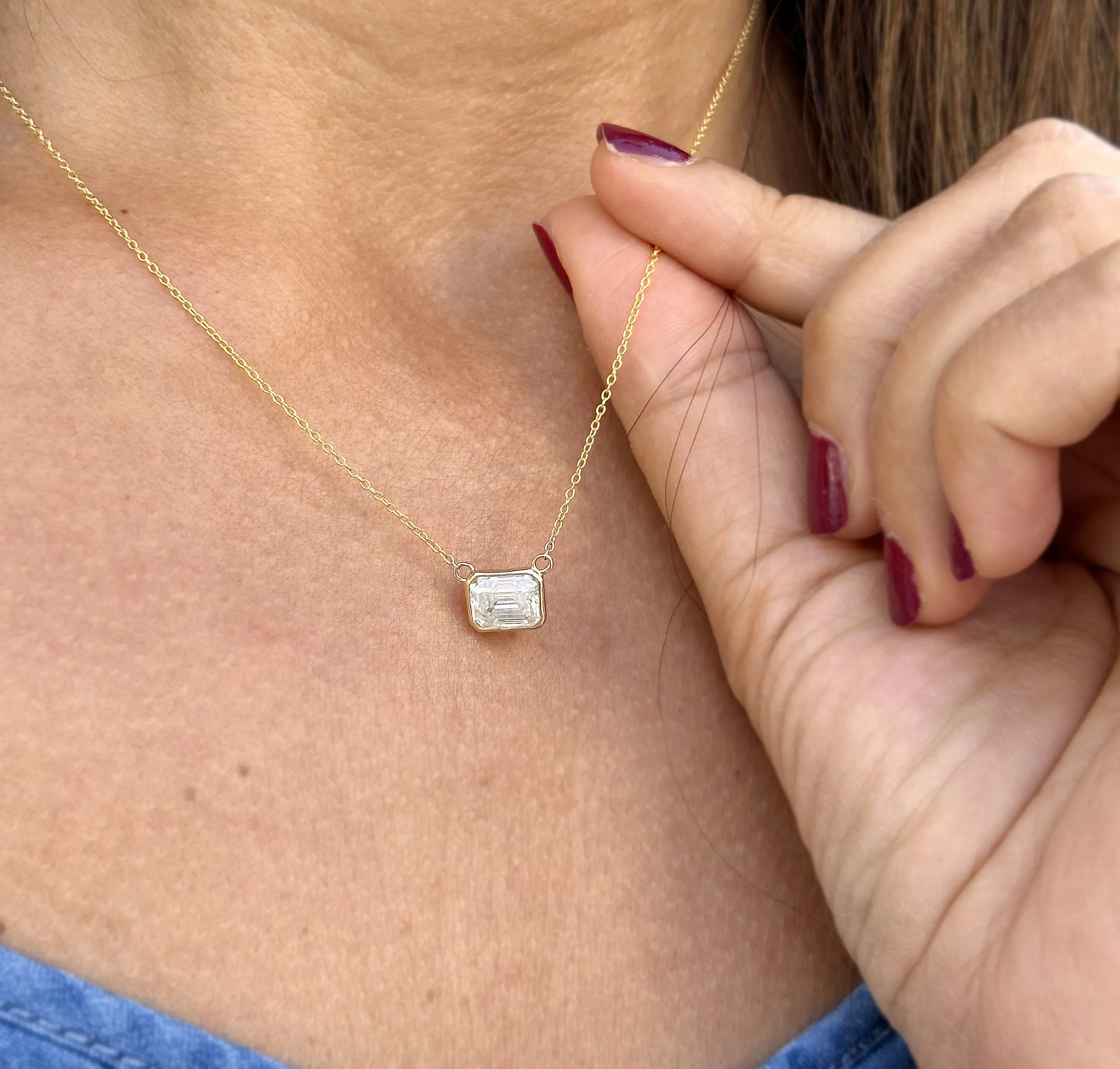 Emerald Cut Moissanite Bezel Set Solitaire Necklace And Chain In 14k Solid Yellow Gold Pendant Bridal Gift Wedding Anniversary Gift 2.00ct