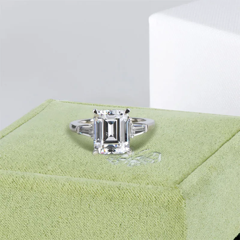 Emerald Cut Moissanite Diamond Three Stone Ring