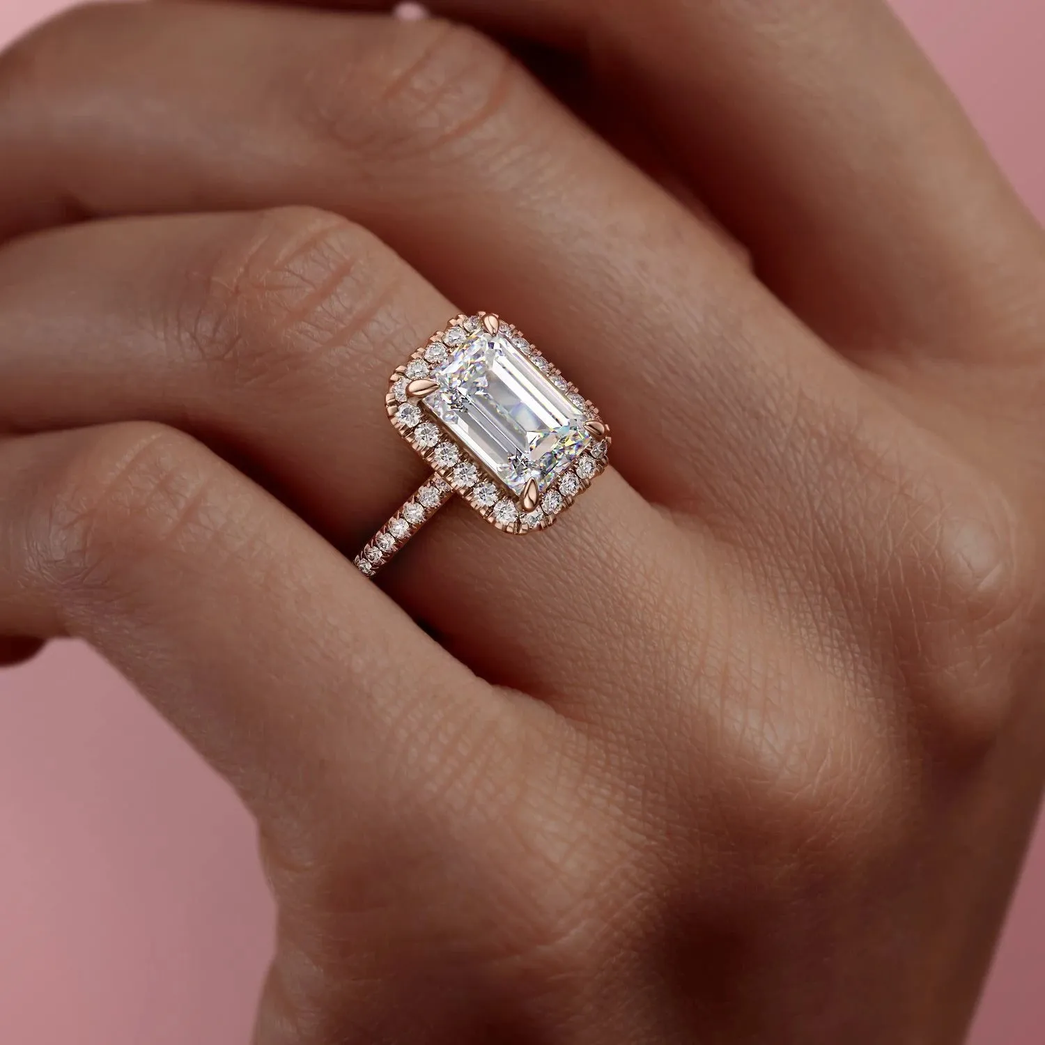 Emerald Cut Moissanite Engagement Ring, Classic Halo