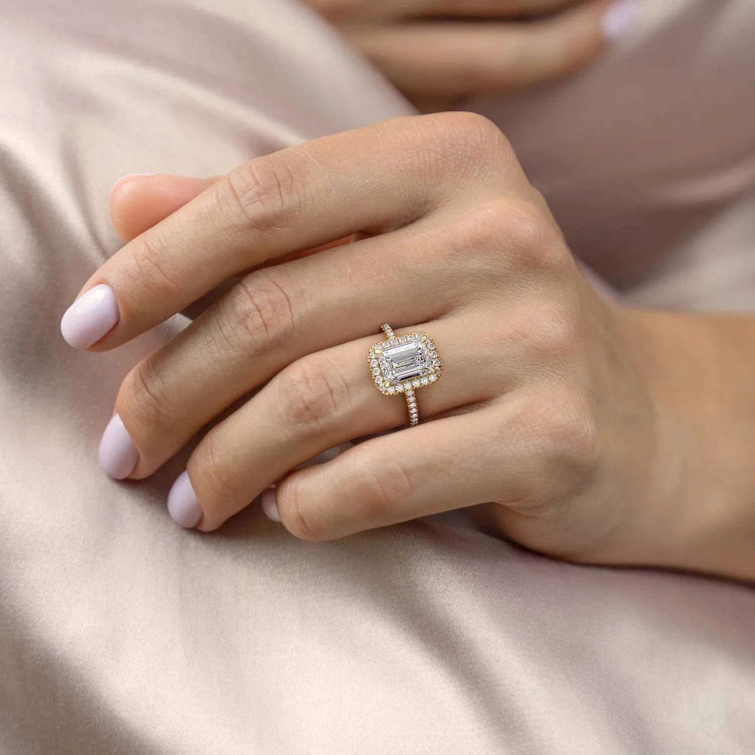 Emerald Cut Moissanite Engagement Ring, Classic Halo