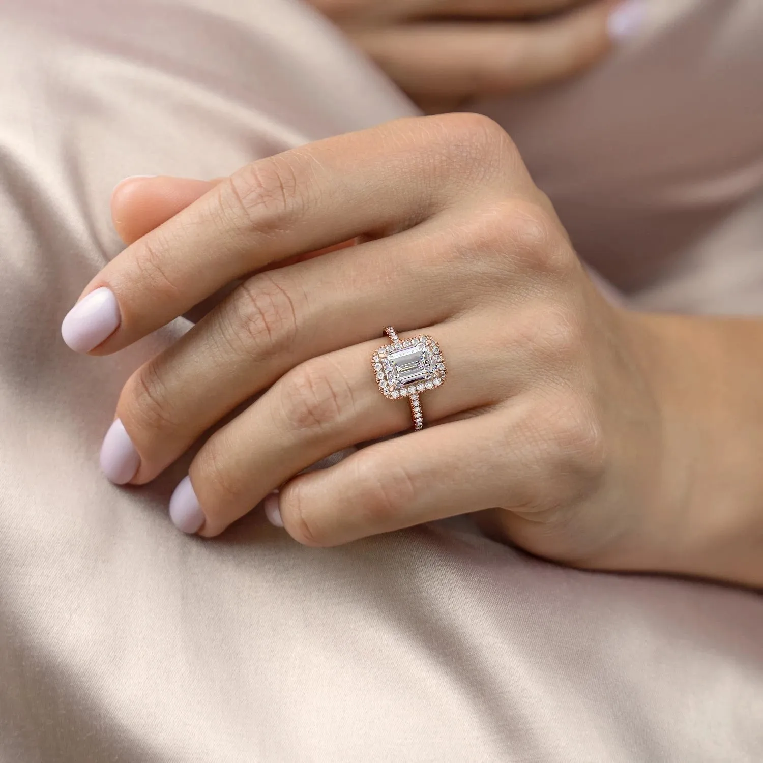 Emerald Cut Moissanite Engagement Ring, Classic Halo