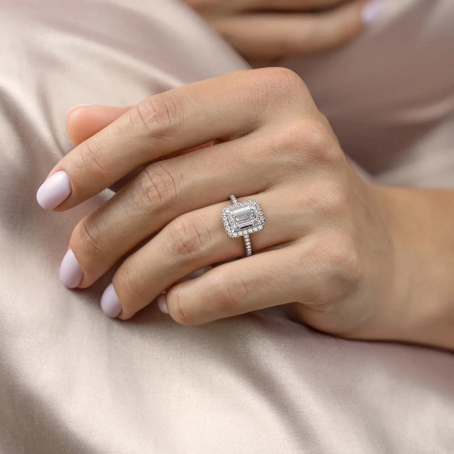 Emerald Cut Moissanite Engagement Ring, Classic Halo