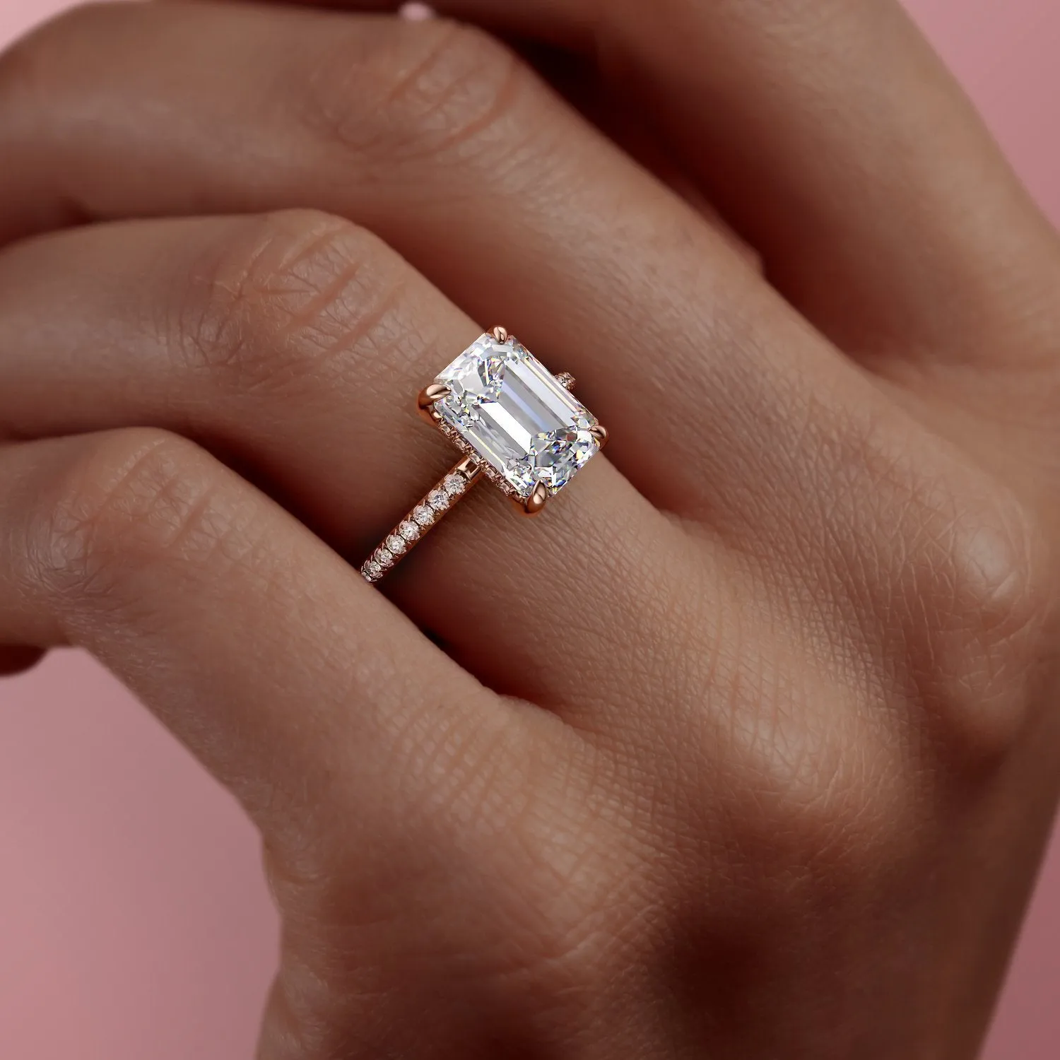Emerald Cut Moissanite Engagement Ring, Hidden Halo