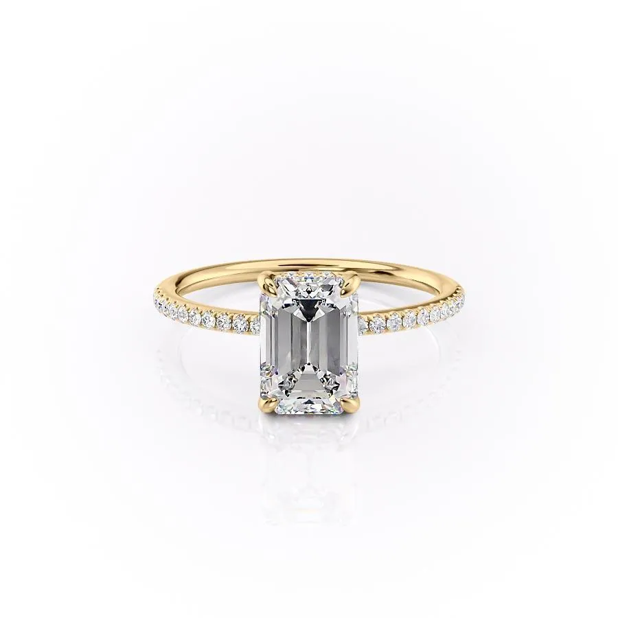 Emerald Cut Moissanite Engagement Ring, Hidden Halo