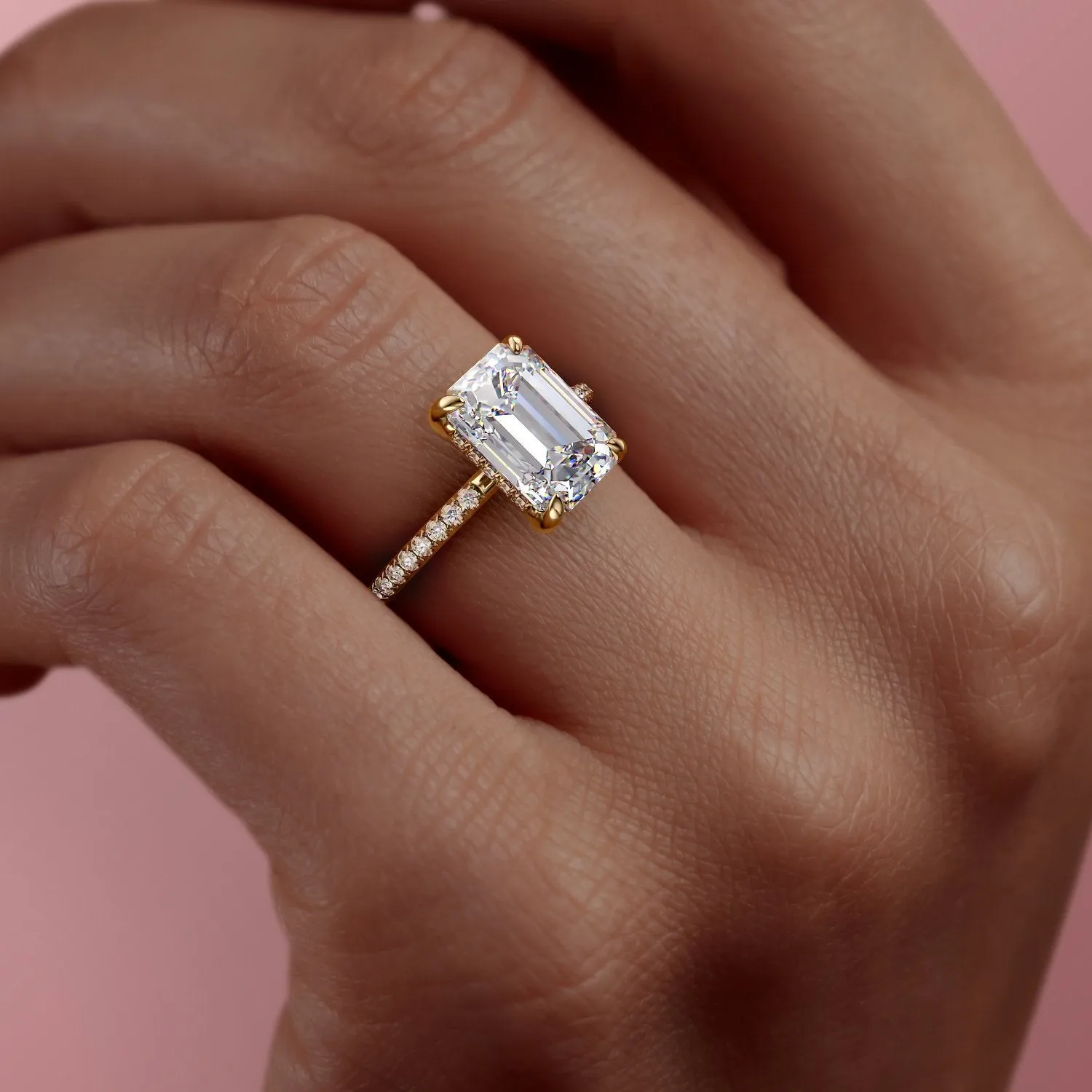 Emerald Cut Moissanite Engagement Ring, Hidden Halo