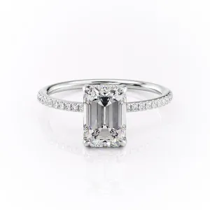 Emerald Cut Moissanite Engagement Ring, Hidden Halo