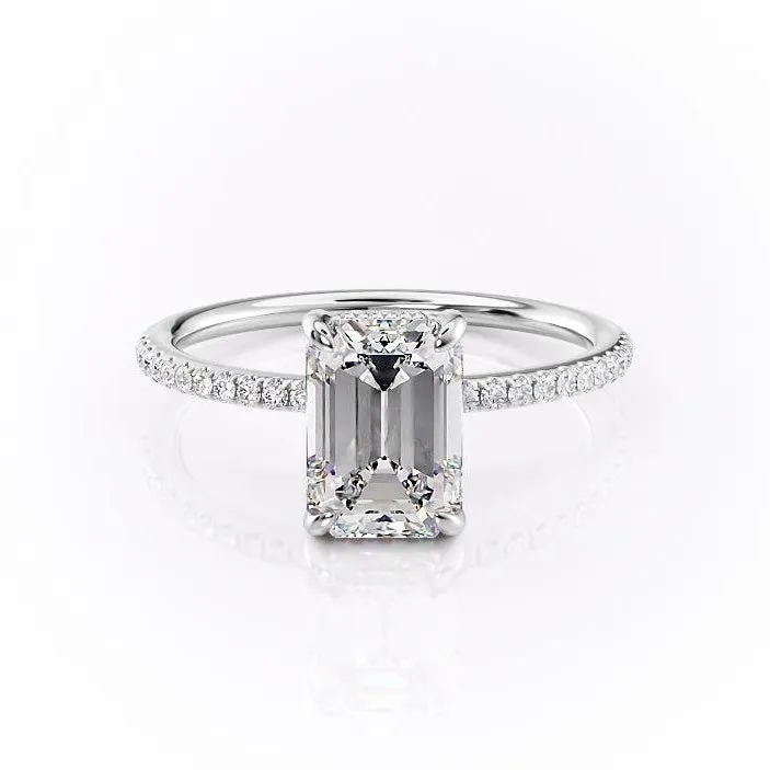 Emerald Cut Moissanite Engagement Ring, Hidden Halo