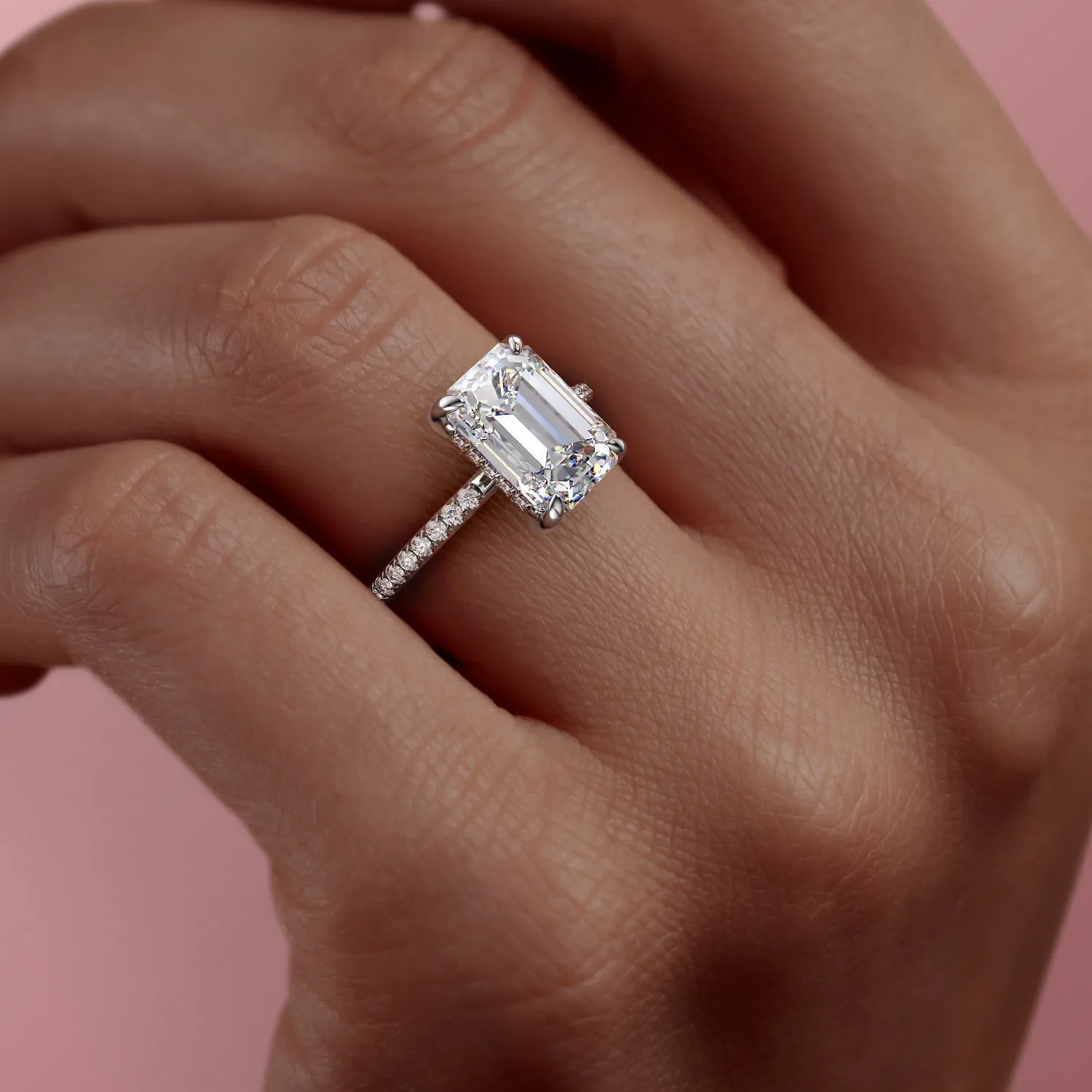 Emerald Cut Moissanite Engagement Ring, Hidden Halo