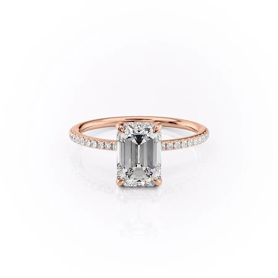 Emerald Cut Moissanite Engagement Ring, Hidden Halo