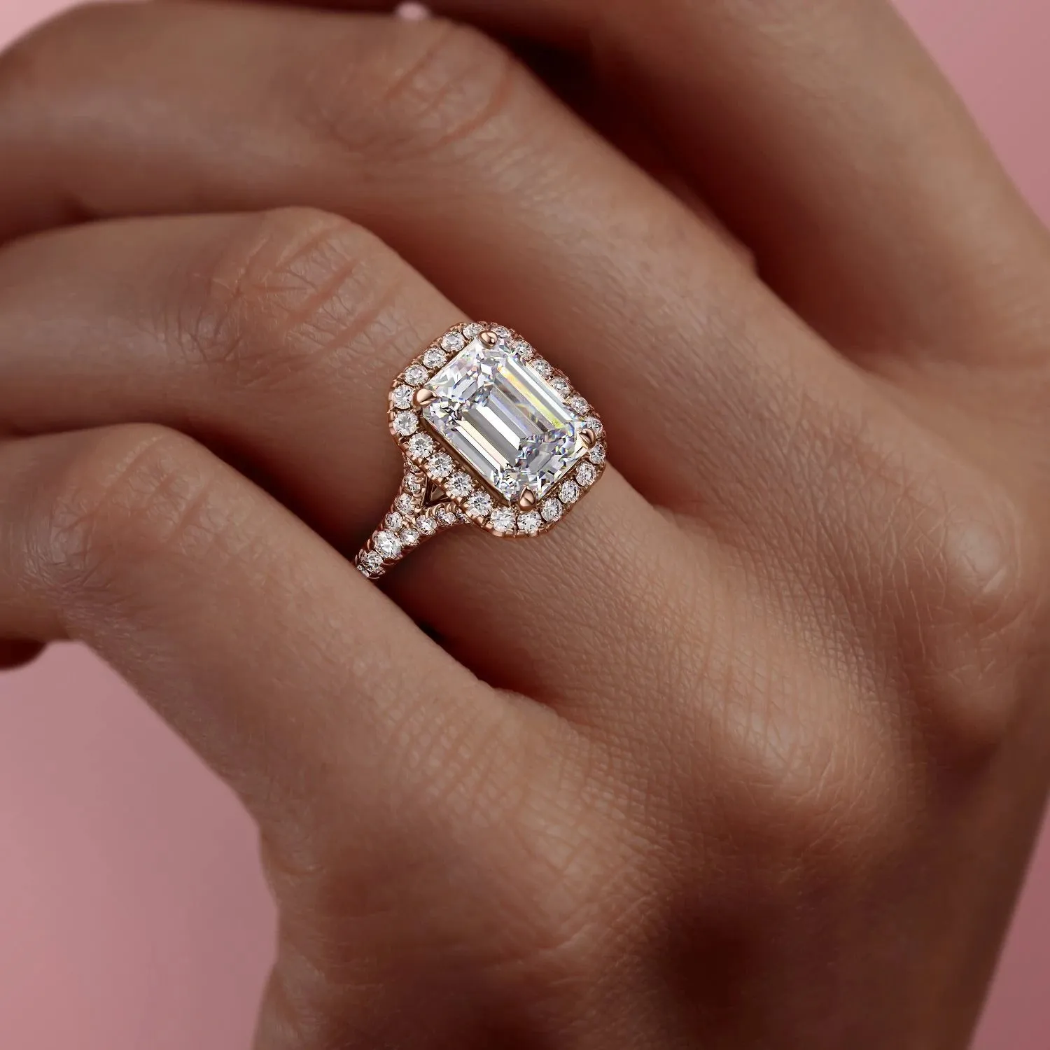 Emerald Cut Moissanite Engagement Ring, Split Shank