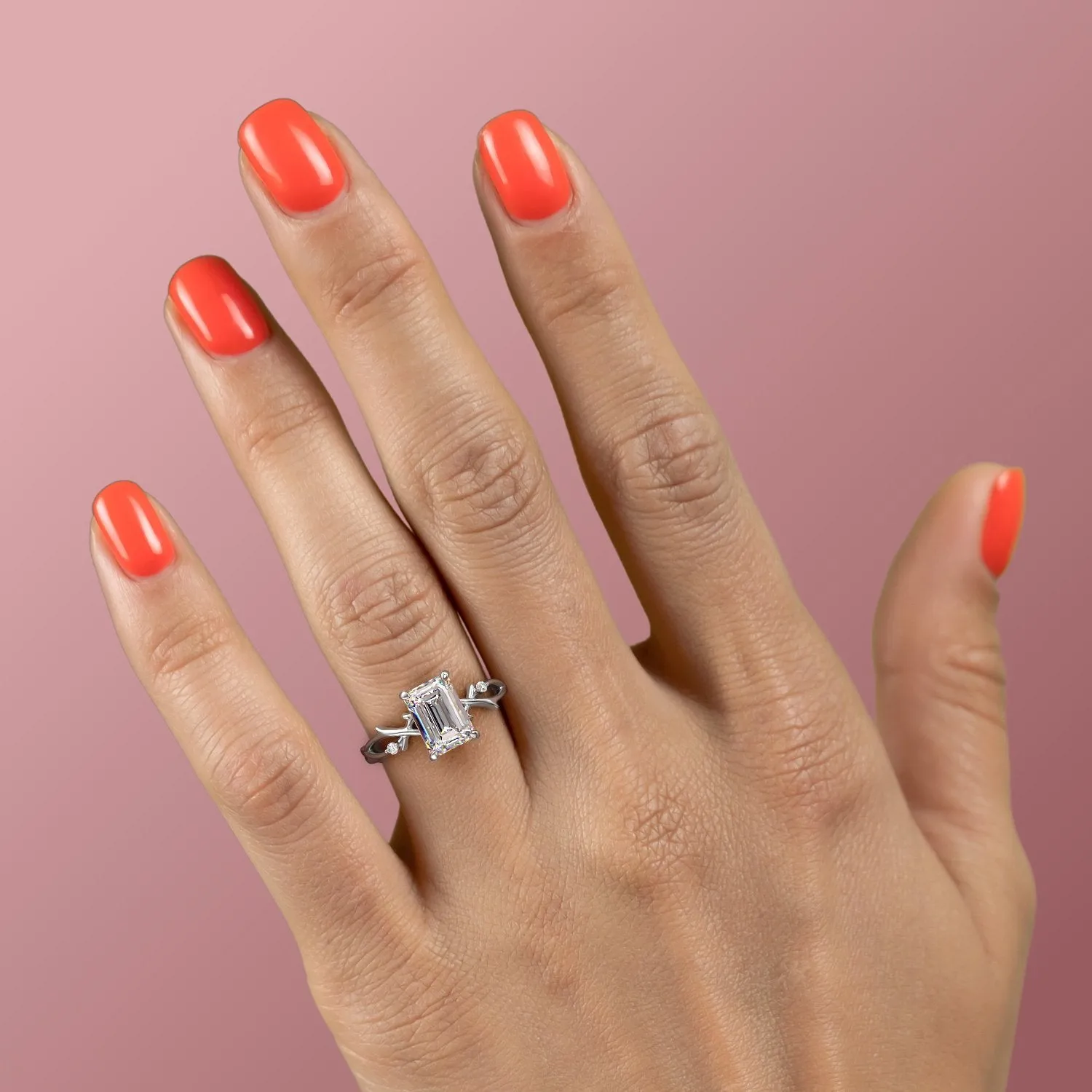 Emerald Cut Moissanite Engagement Ring, Twig Design