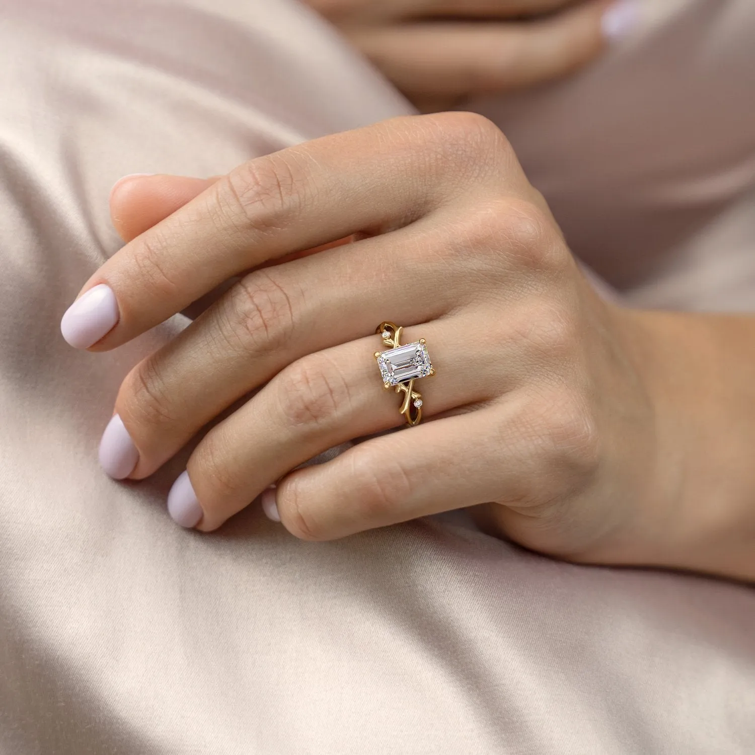 Emerald Cut Moissanite Engagement Ring, Twig Design