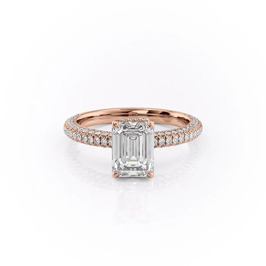 Emerald Cut Moissanite Pavé Set Shoulders With Hidden Halo
