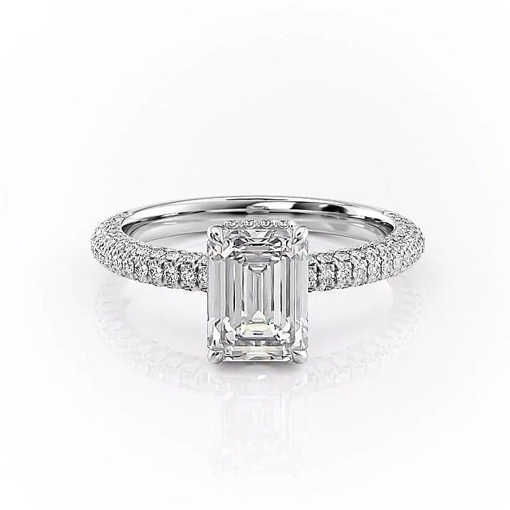 Emerald Cut Moissanite Pavé Set Shoulders With Hidden Halo