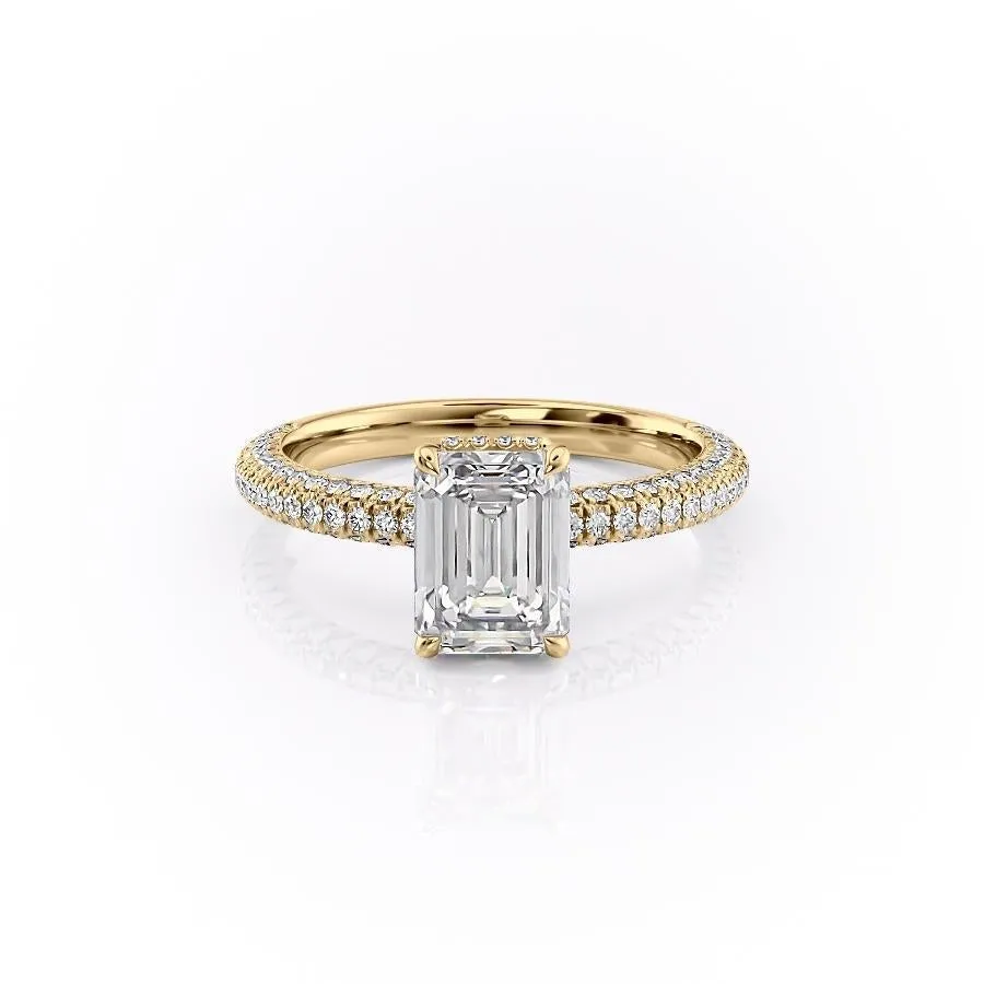 Emerald Cut Moissanite Pavé Set Shoulders With Hidden Halo