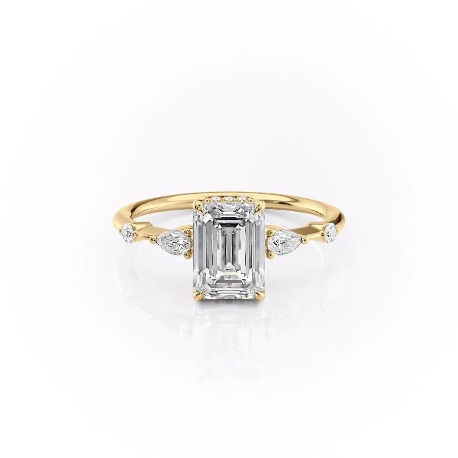 Emerald Cut Moissanite Shoulder Set Ring With Hidden Halo
