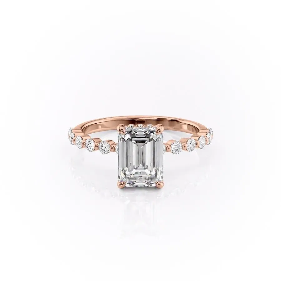 Emerald Cut Moissanite Shoulder Set Ring With Hidden Halo