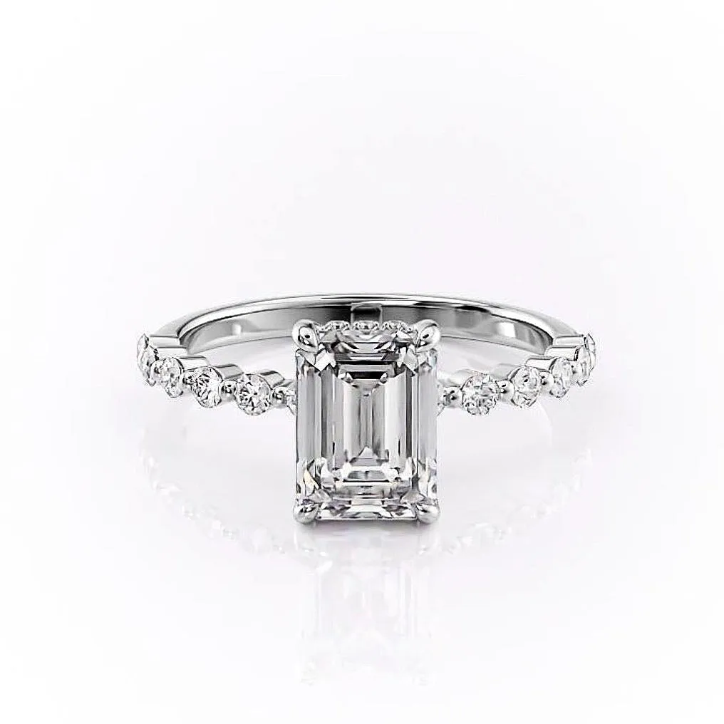 Emerald Cut Moissanite Shoulder Set Ring With Hidden Halo