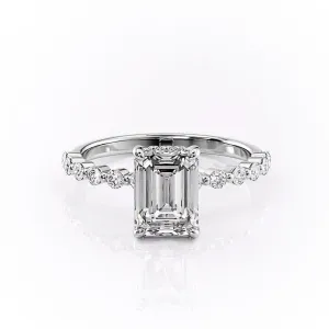 Emerald Cut Moissanite Shoulder Set Ring With Hidden Halo