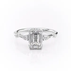 Emerald Cut Moissanite Shoulder Set Ring With Hidden Halo