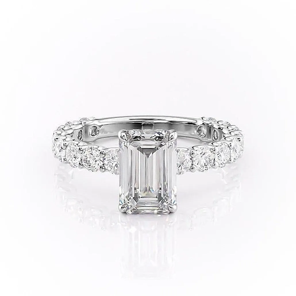 Emerald Cut Moissanite Stone Set Shoulders With Hidden Halo