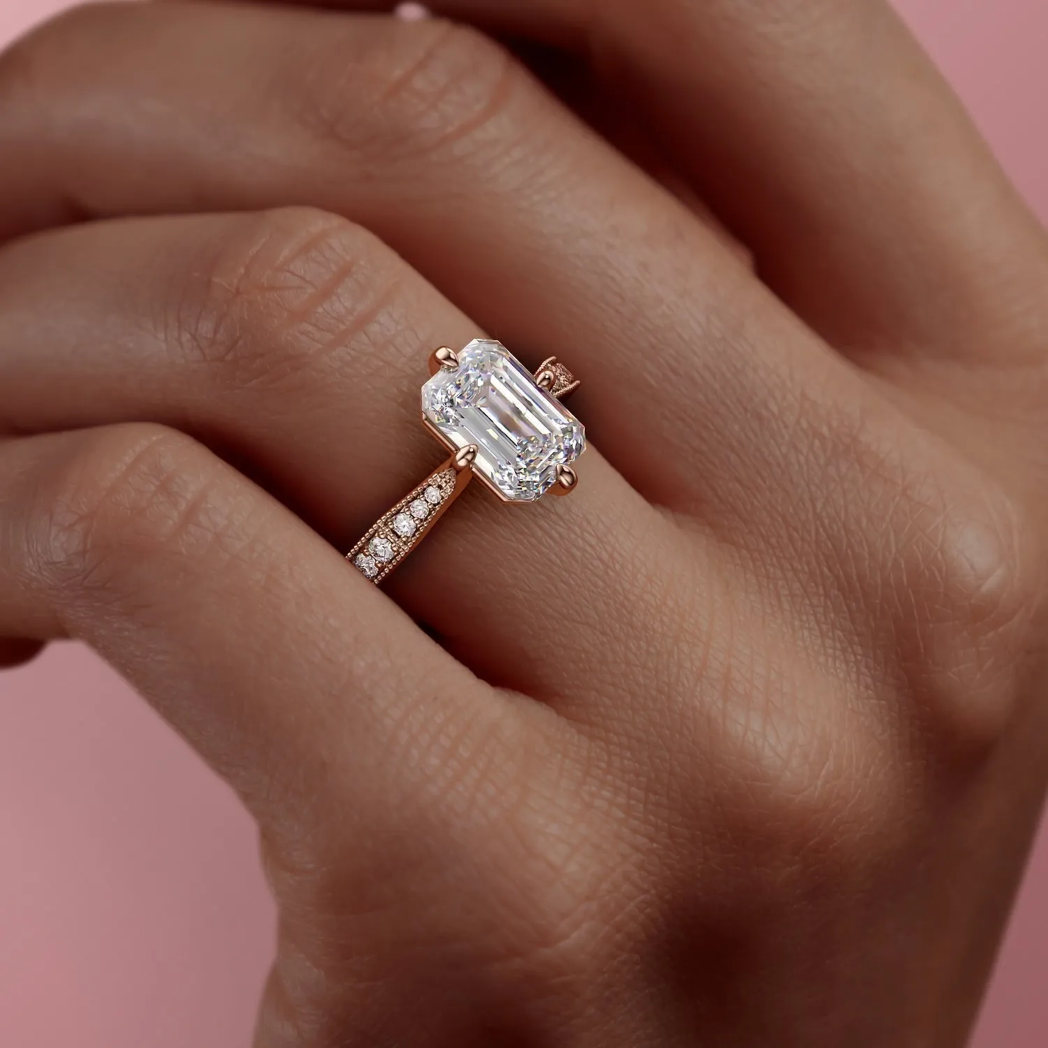 Emerald Cut Moissanite Stone Set Shoulders With Milgrain Edge