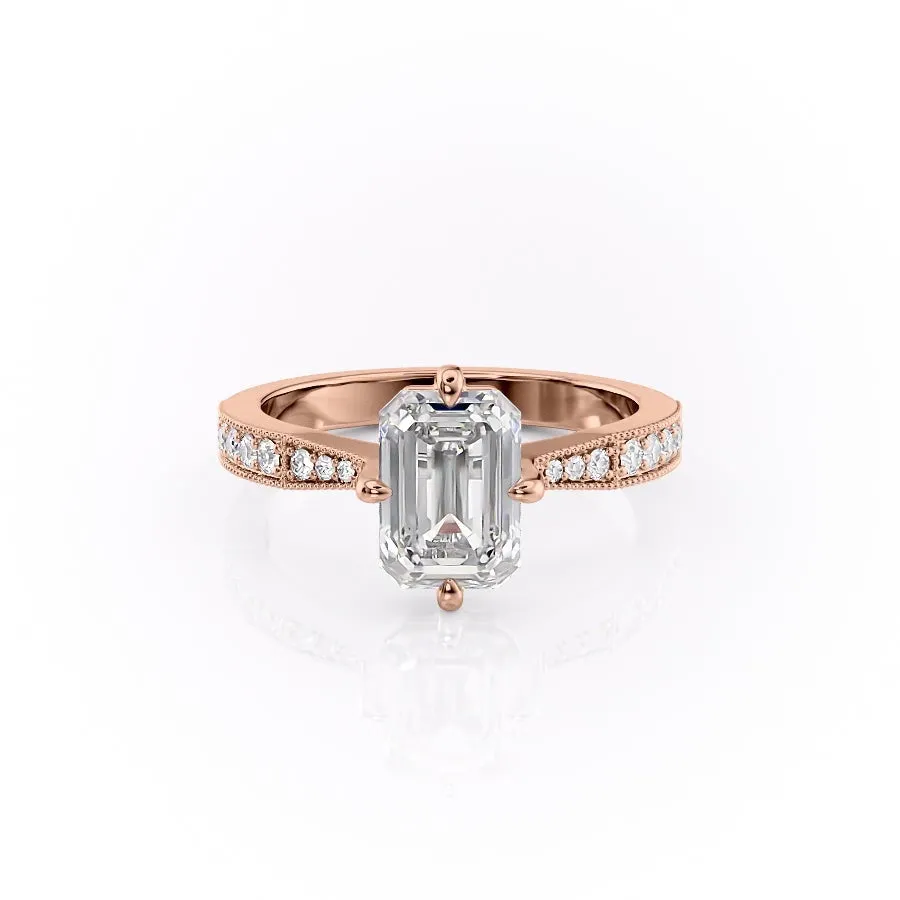 Emerald Cut Moissanite Stone Set Shoulders With Milgrain Edge