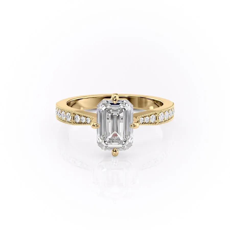 Emerald Cut Moissanite Stone Set Shoulders With Milgrain Edge