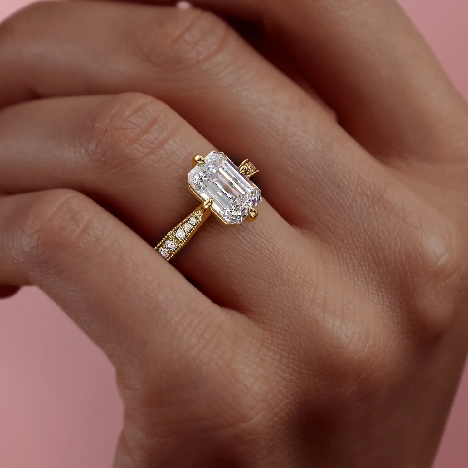 Emerald Cut Moissanite Stone Set Shoulders With Milgrain Edge