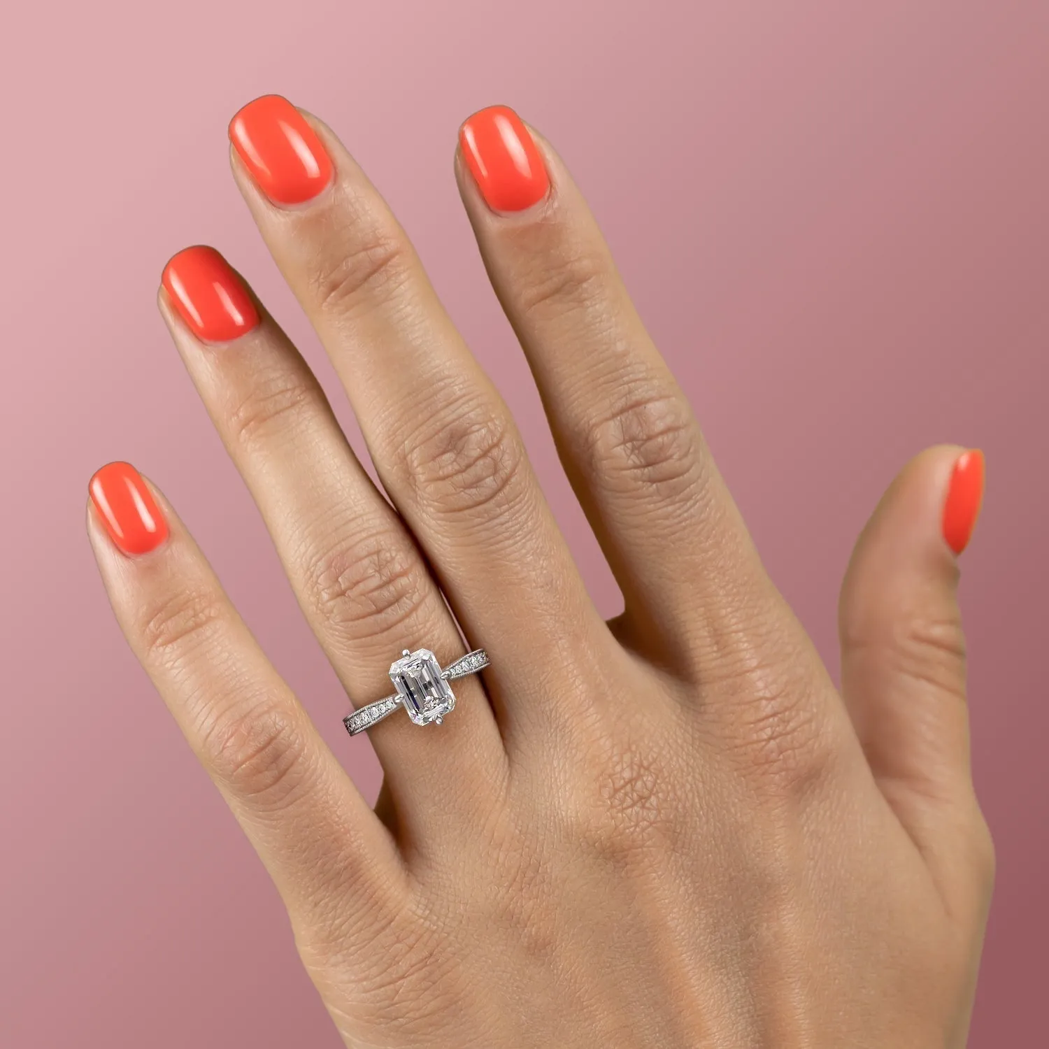 Emerald Cut Moissanite Stone Set Shoulders With Milgrain Edge