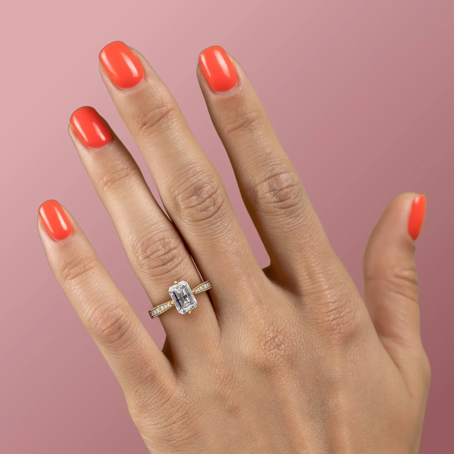 Emerald Cut Moissanite Stone Set Shoulders With Milgrain Edge