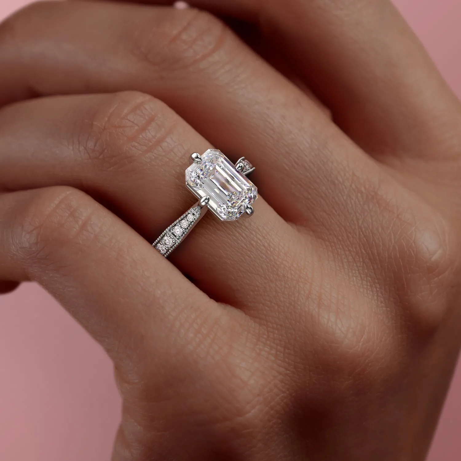 Emerald Cut Moissanite Stone Set Shoulders With Milgrain Edge