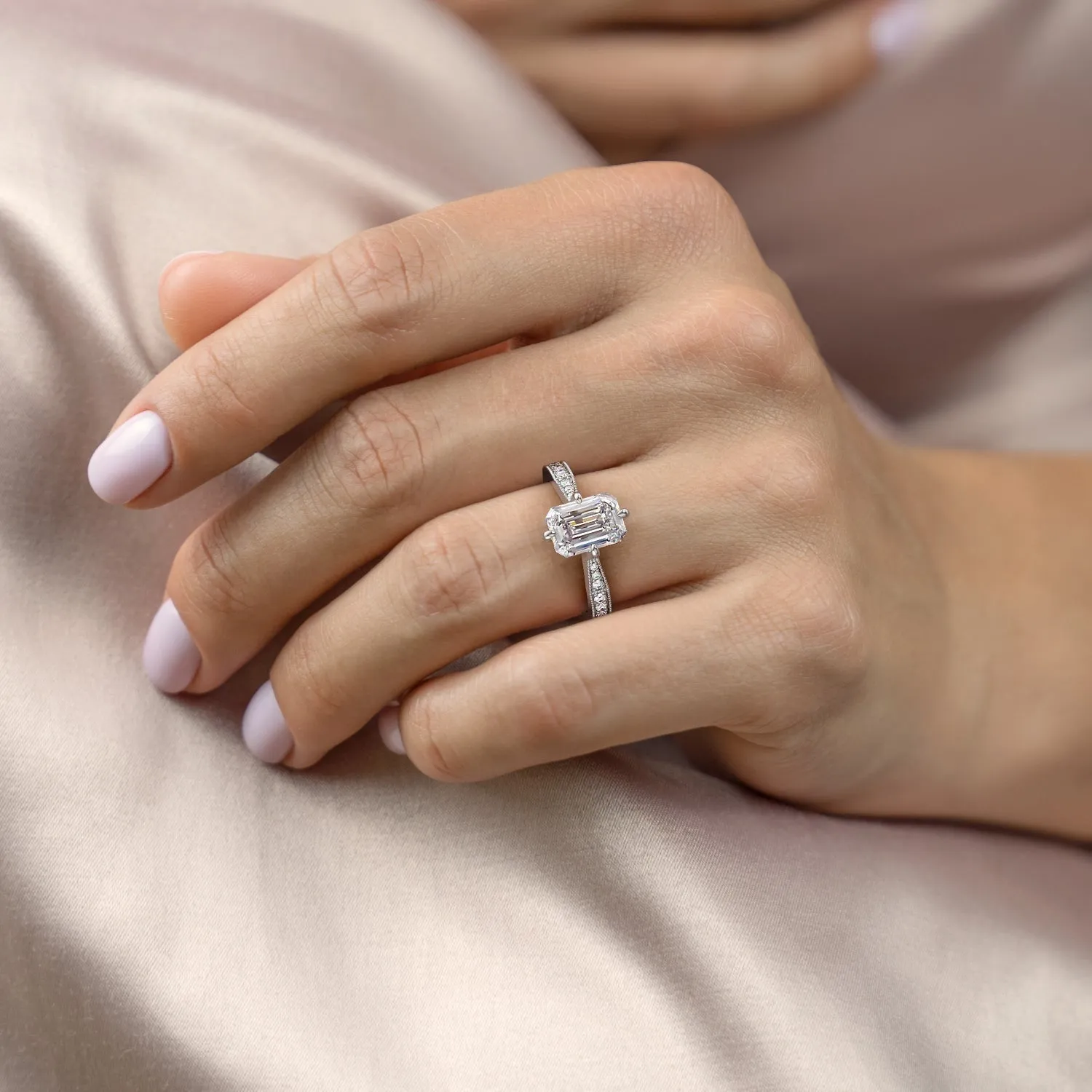 Emerald Cut Moissanite Stone Set Shoulders With Milgrain Edge