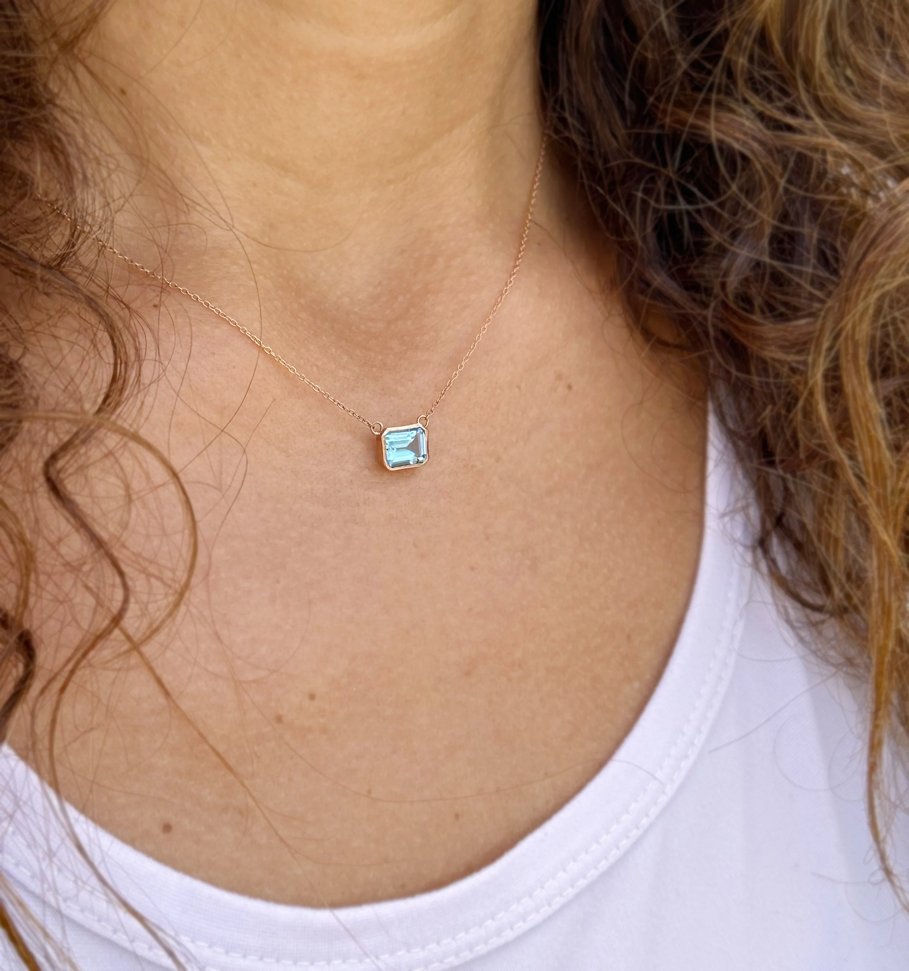 Emerald Cut Natural Blue Topaz Bezel Solitaire Necklace Chain Pendant Minimalist Dainty 14k Solid Rose Gold Bridal Anniversary Gift 2.00ct