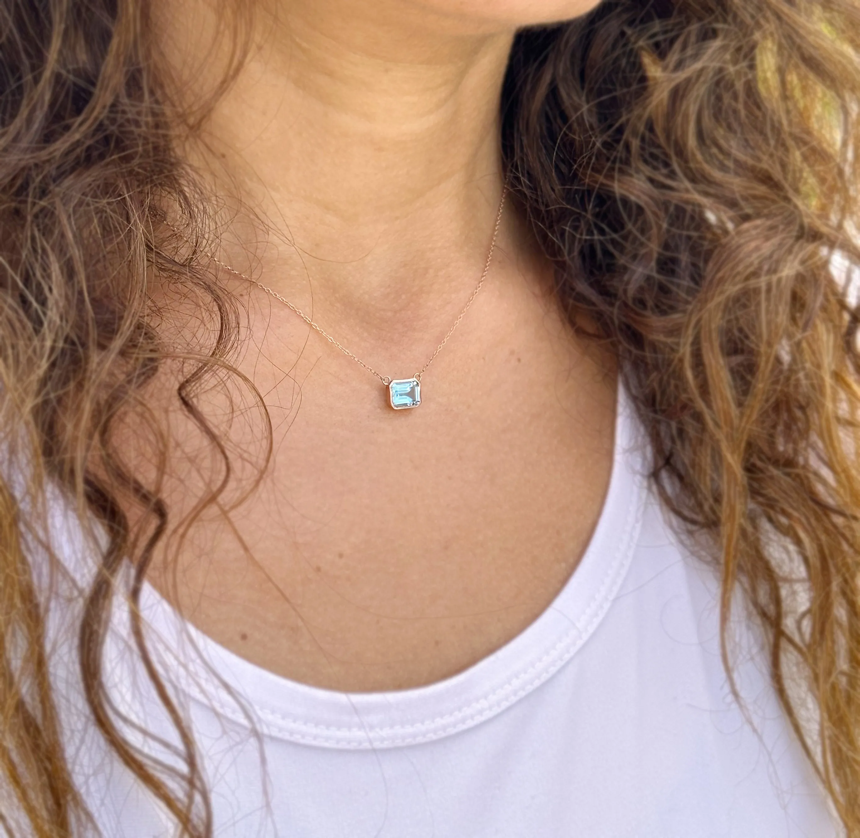 Emerald Cut Natural Blue Topaz Bezel Solitaire Necklace Chain Pendant Minimalist Dainty 14k Solid Rose Gold Bridal Anniversary Gift 2.00ct