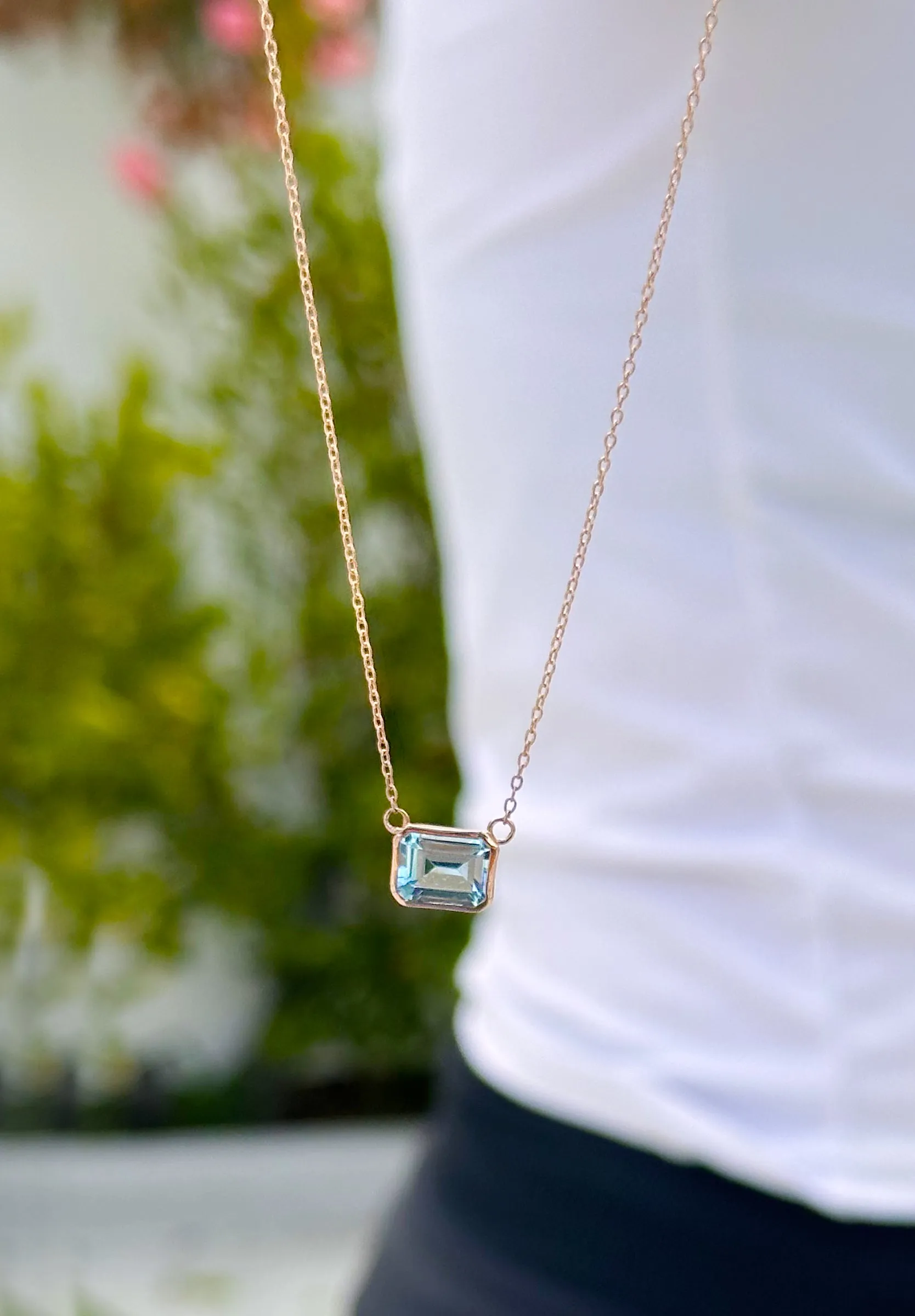 Emerald Cut Natural Blue Topaz Bezel Solitaire Necklace Chain Pendant Minimalist Dainty 14k Solid Rose Gold Bridal Anniversary Gift 2.00ct