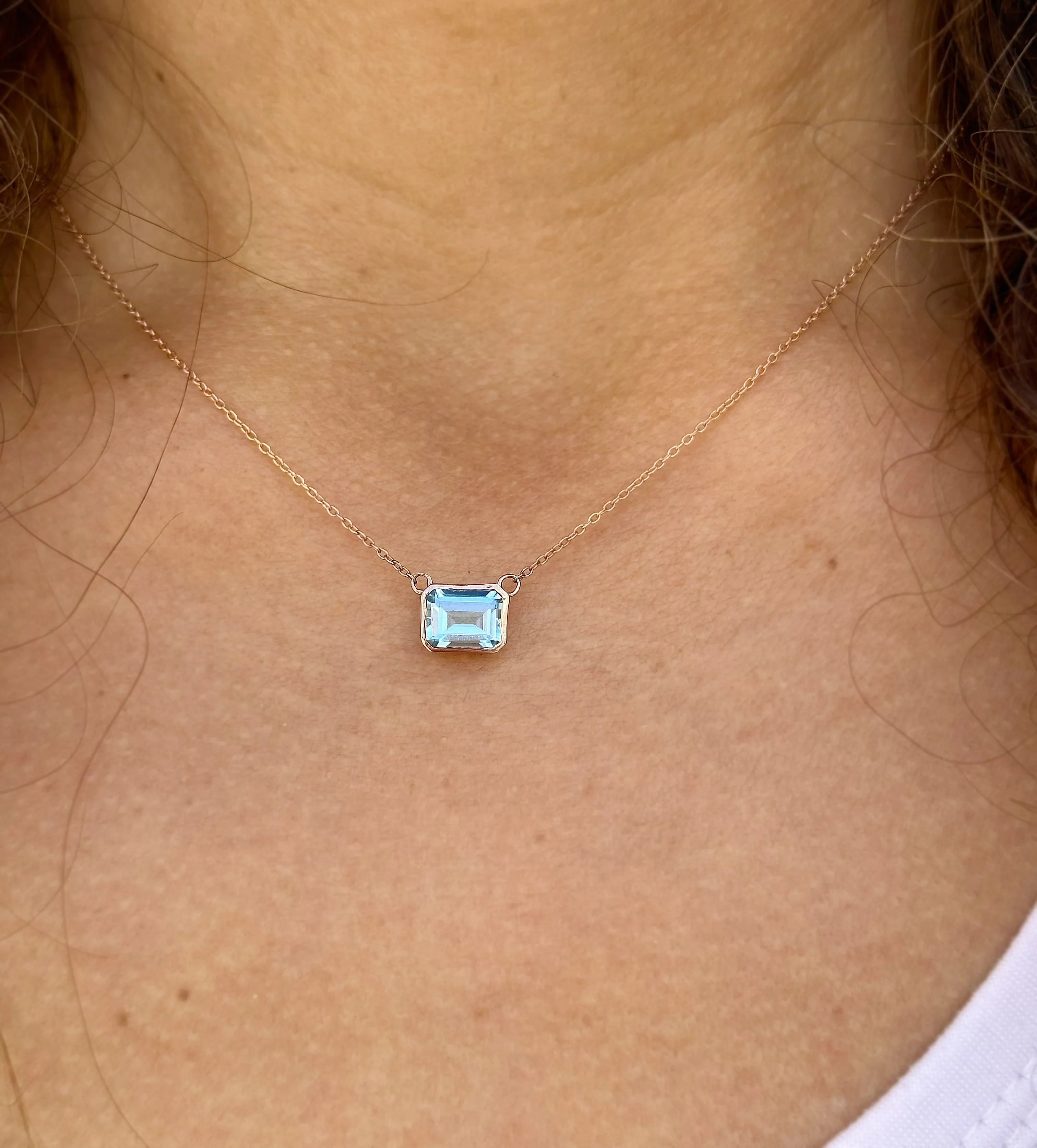 Emerald Cut Natural Blue Topaz Bezel Solitaire Necklace Chain Pendant Minimalist Dainty 14k Solid Rose Gold Bridal Anniversary Gift 2.00ct