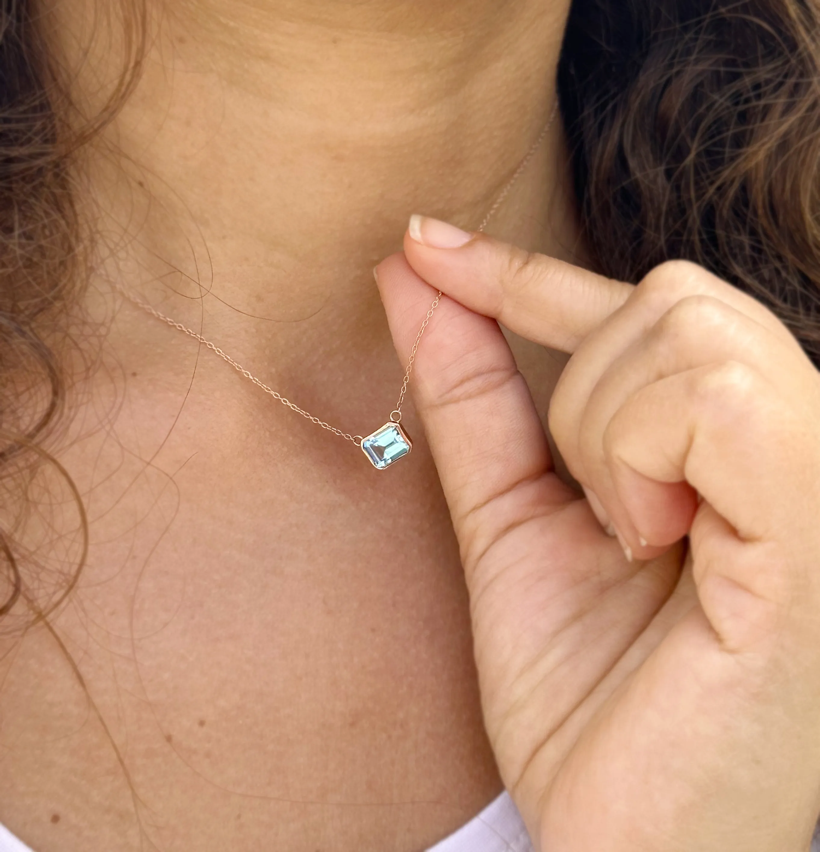 Emerald Cut Natural Blue Topaz Bezel Solitaire Necklace Chain Pendant Minimalist Dainty 14k Solid Rose Gold Bridal Anniversary Gift 2.00ct